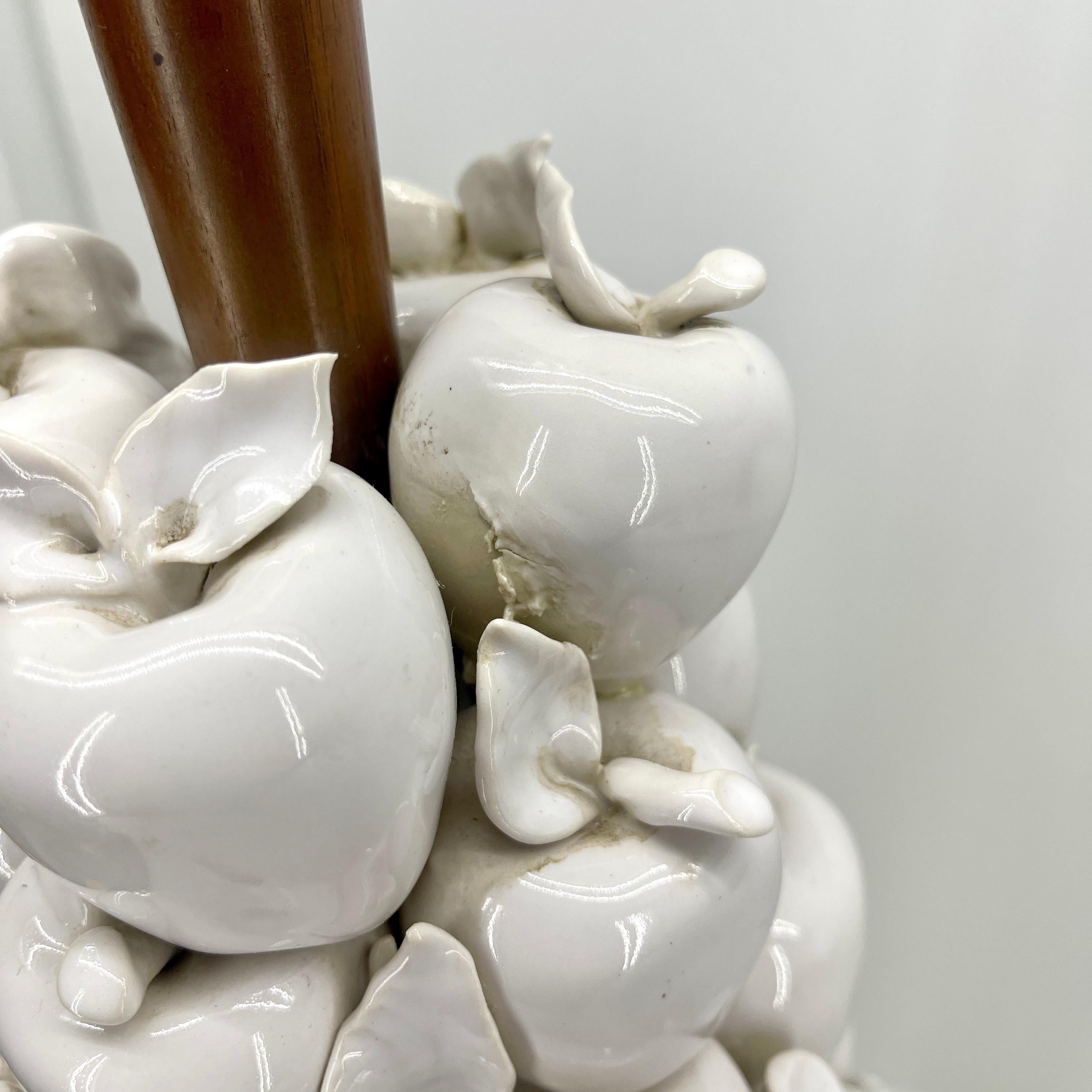 Italian White Ceramic Apple Topiary Table Lamp on Wood Base Mid-Century Modern 11