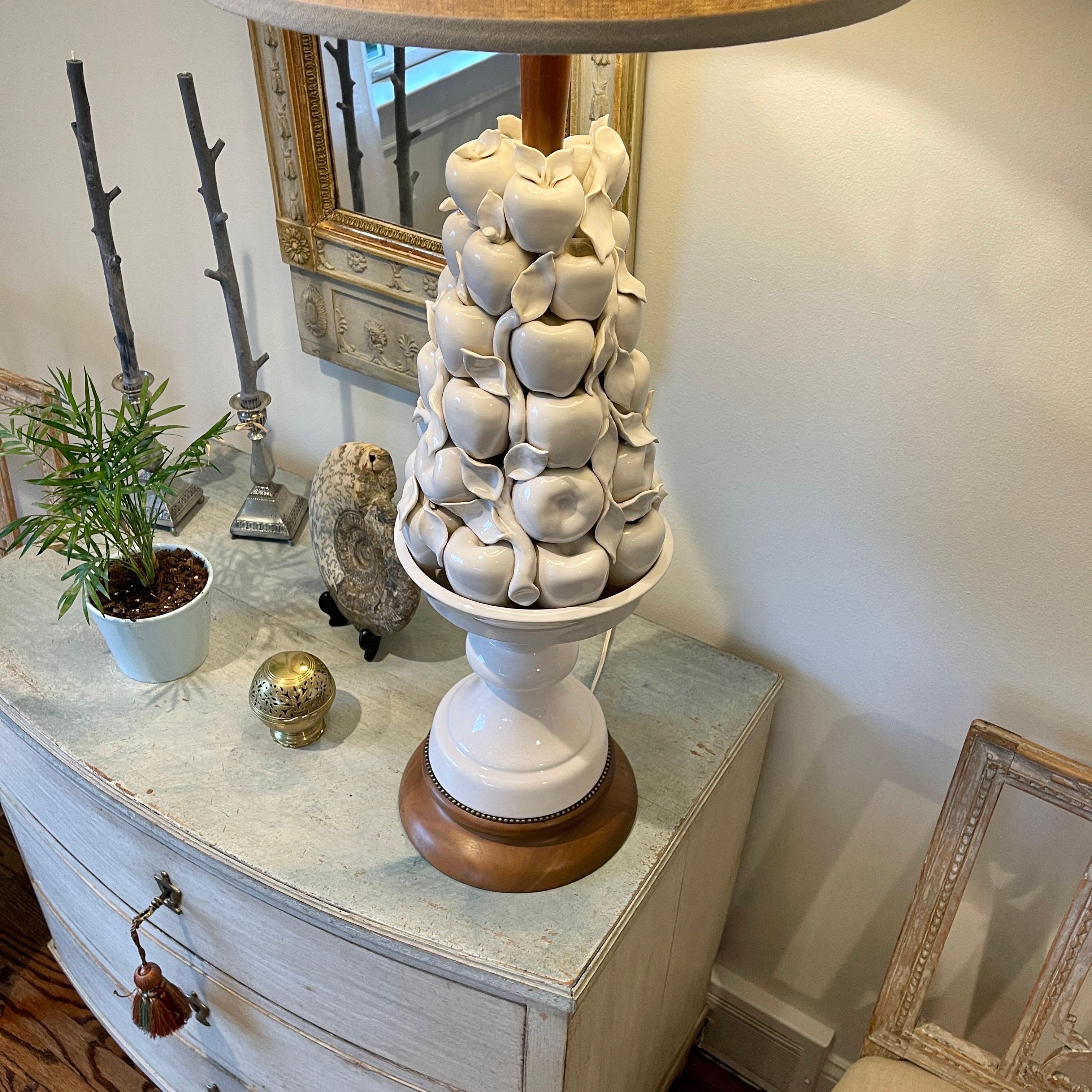 Italian White Ceramic Apple Topiary Table Lamp on Wood Base Mid-Century Modern 14