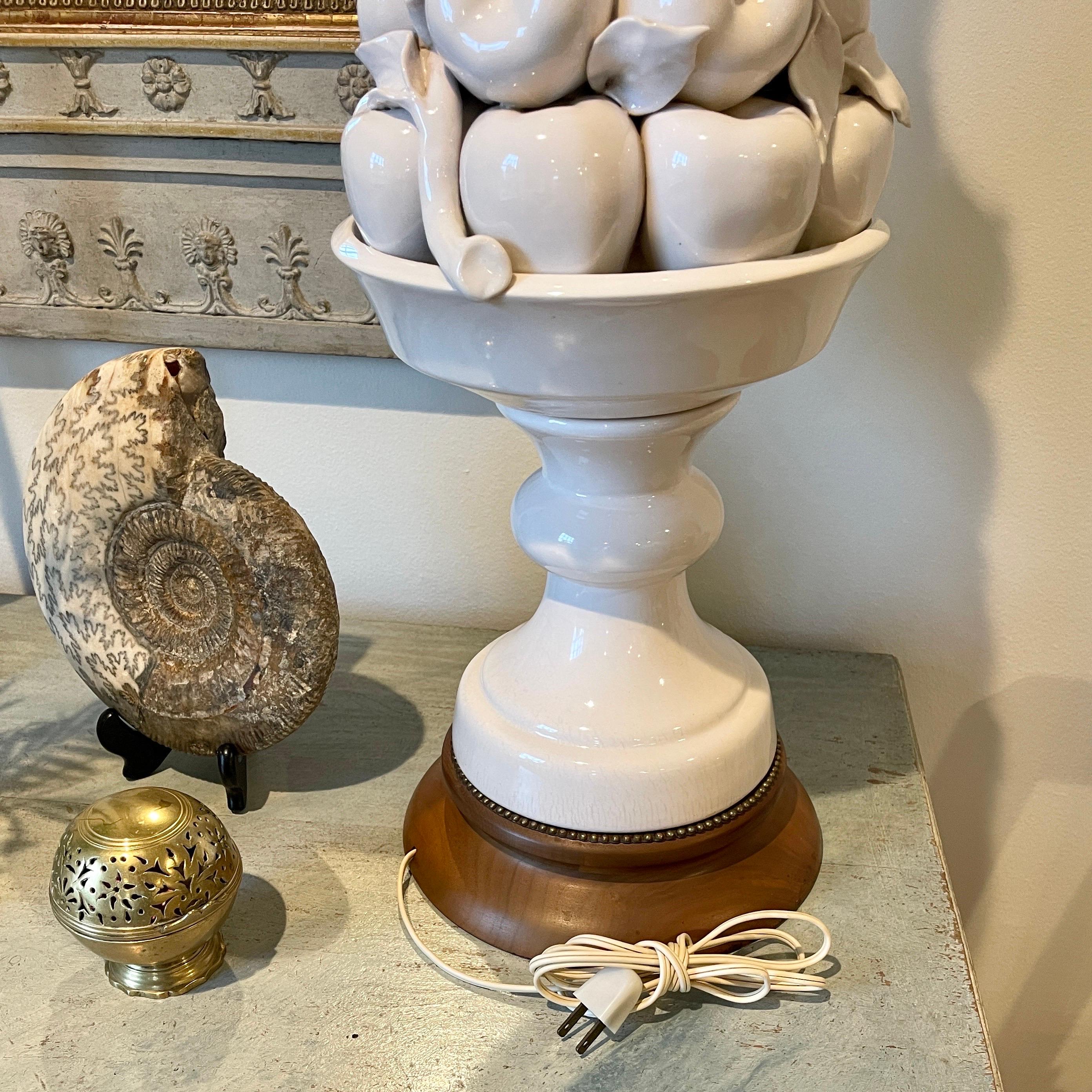 Italian White Ceramic Apple Topiary Table Lamp on Wood Base Mid-Century Modern 15