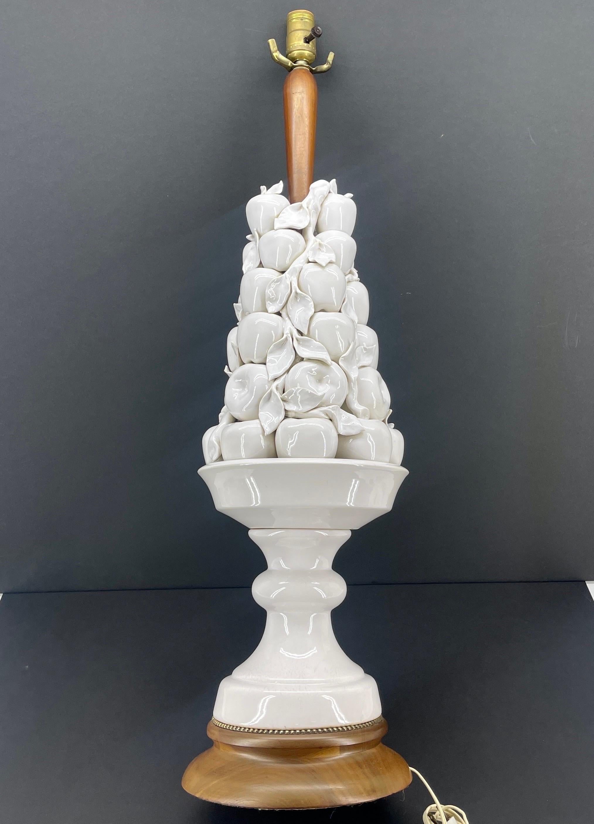 Italian White Ceramic Apple Topiary Table Lamp on Wood Base Mid-Century Modern 1