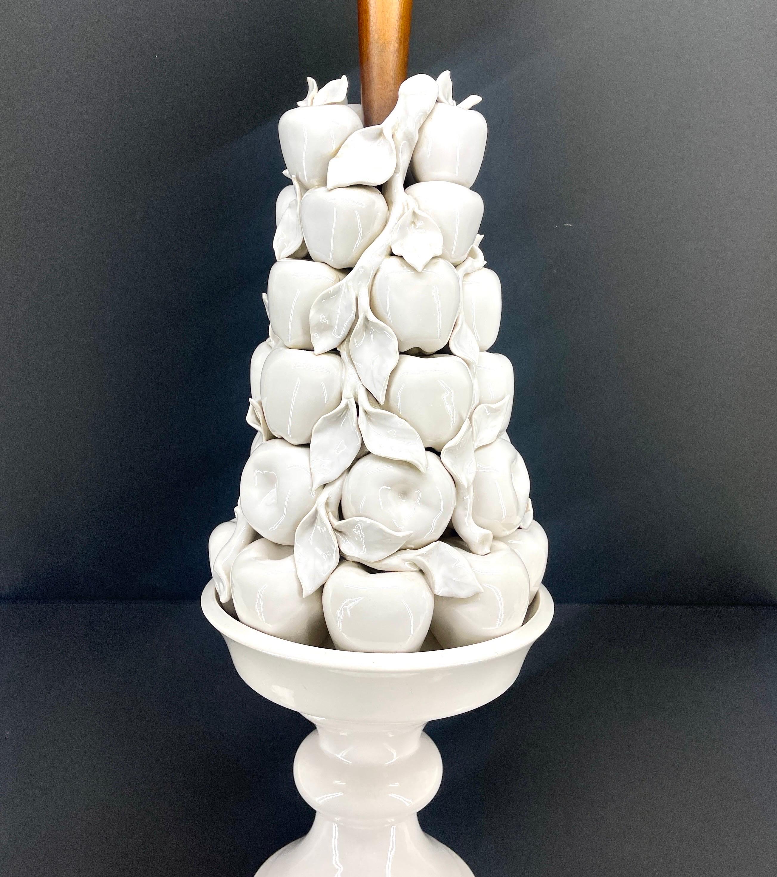 Italian White Ceramic Apple Topiary Table Lamp on Wood Base Mid-Century Modern 2
