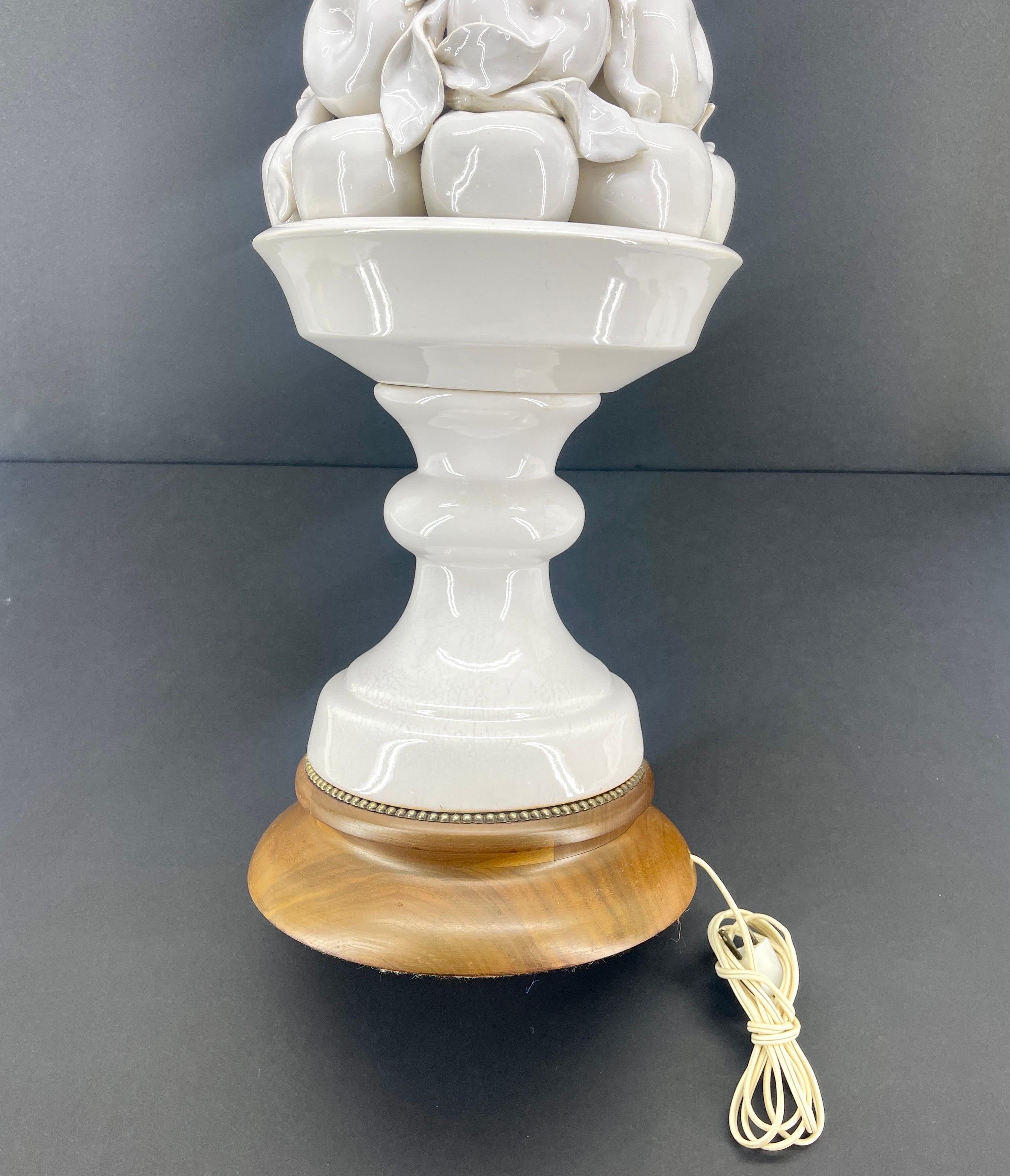Italian White Ceramic Apple Topiary Table Lamp on Wood Base Mid-Century Modern 3