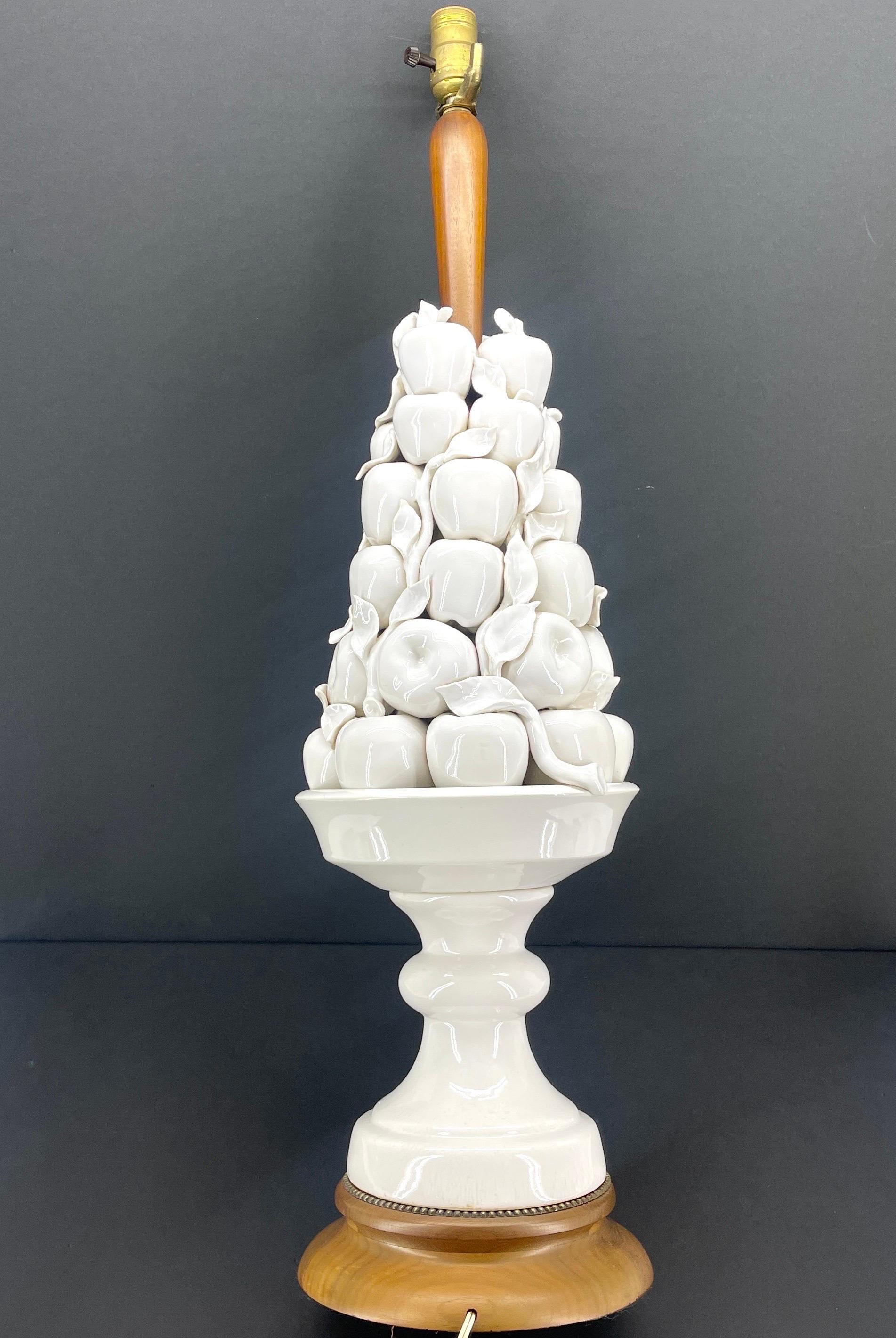 Italian White Ceramic Apple Topiary Table Lamp on Wood Base Mid-Century Modern 4