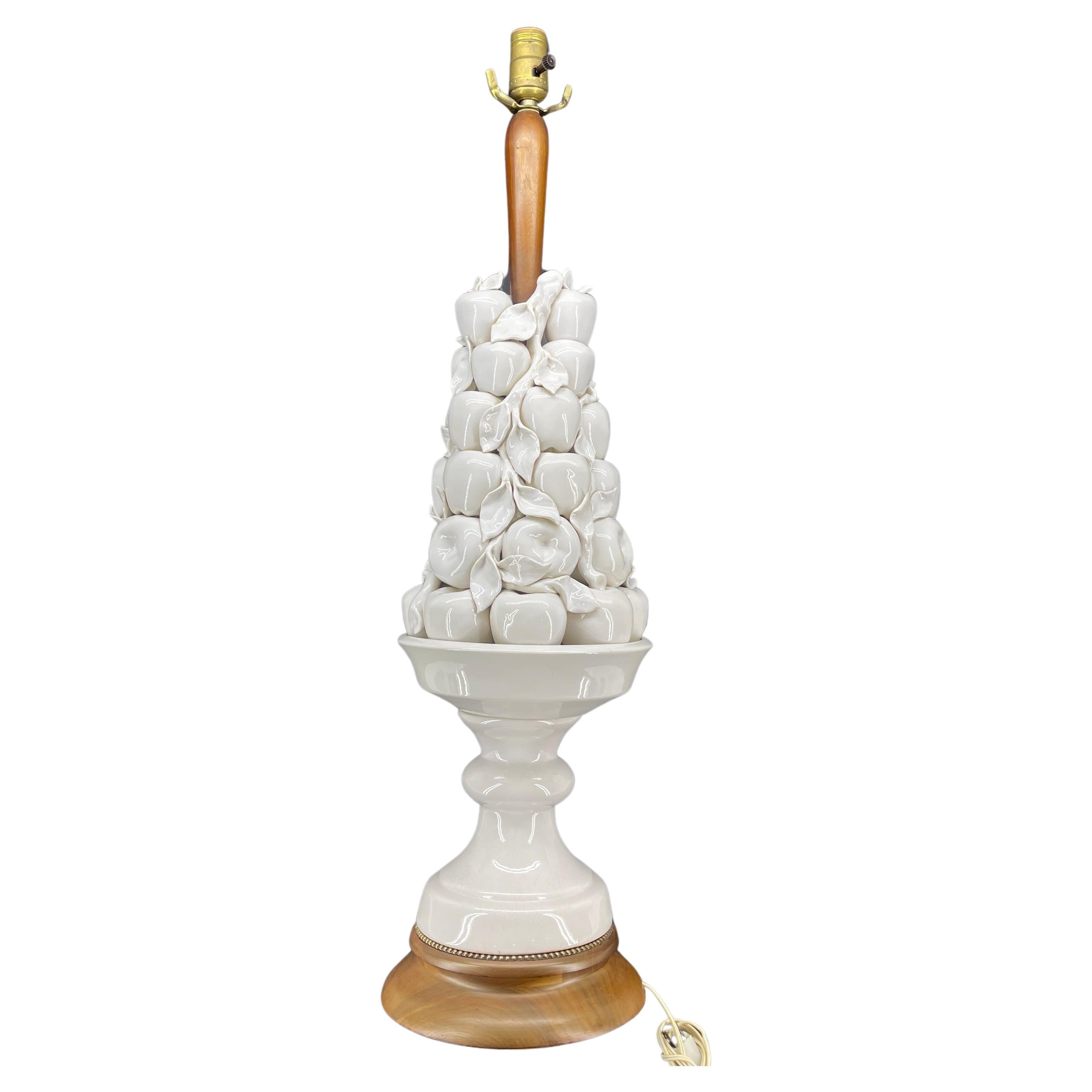 Italian White Ceramic Apple Topiary Table Lamp on Wood Base Mid-Century Modern