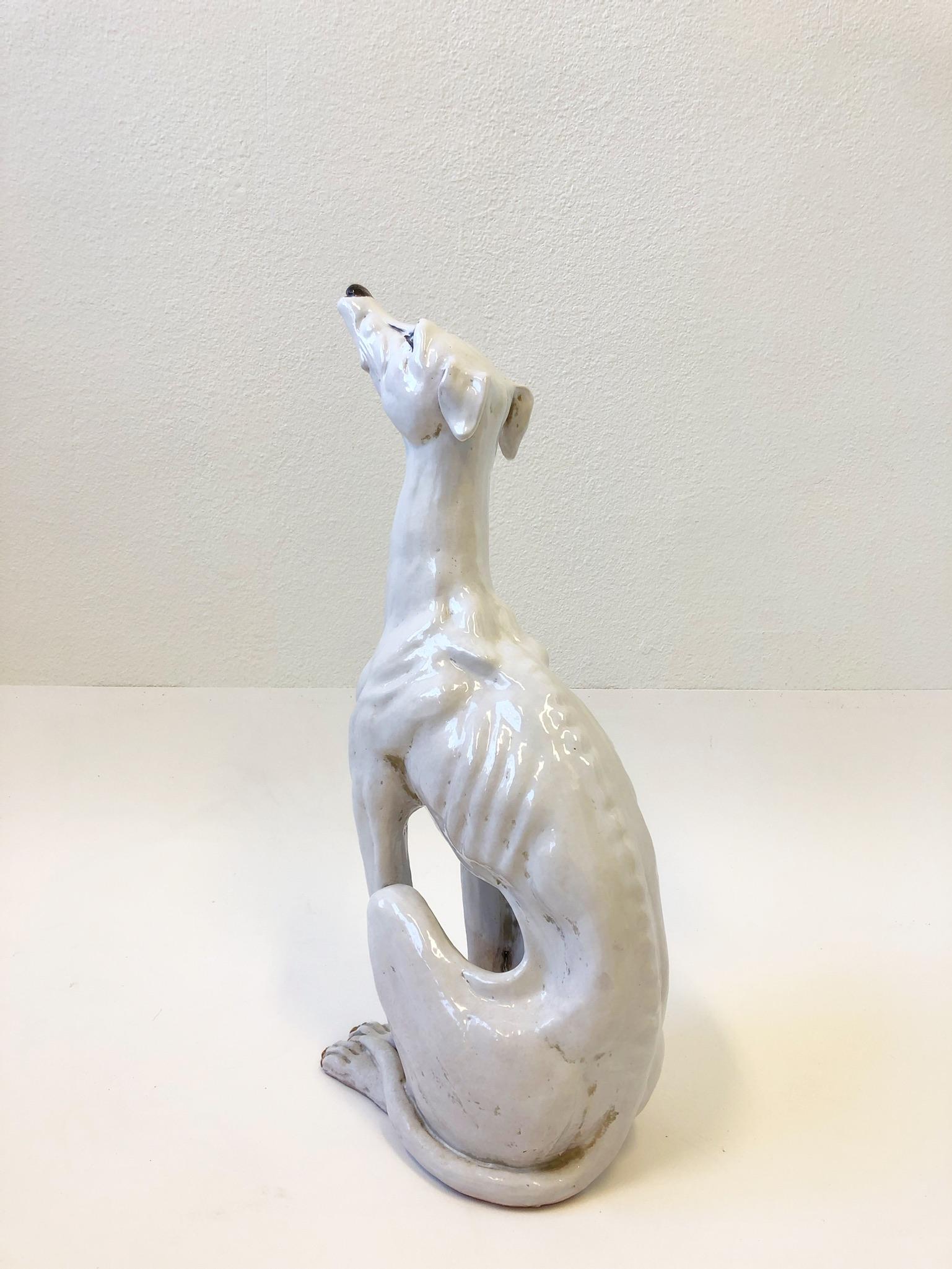 Glazed Italian White Ceramic Greyhound Sculpture For Sale