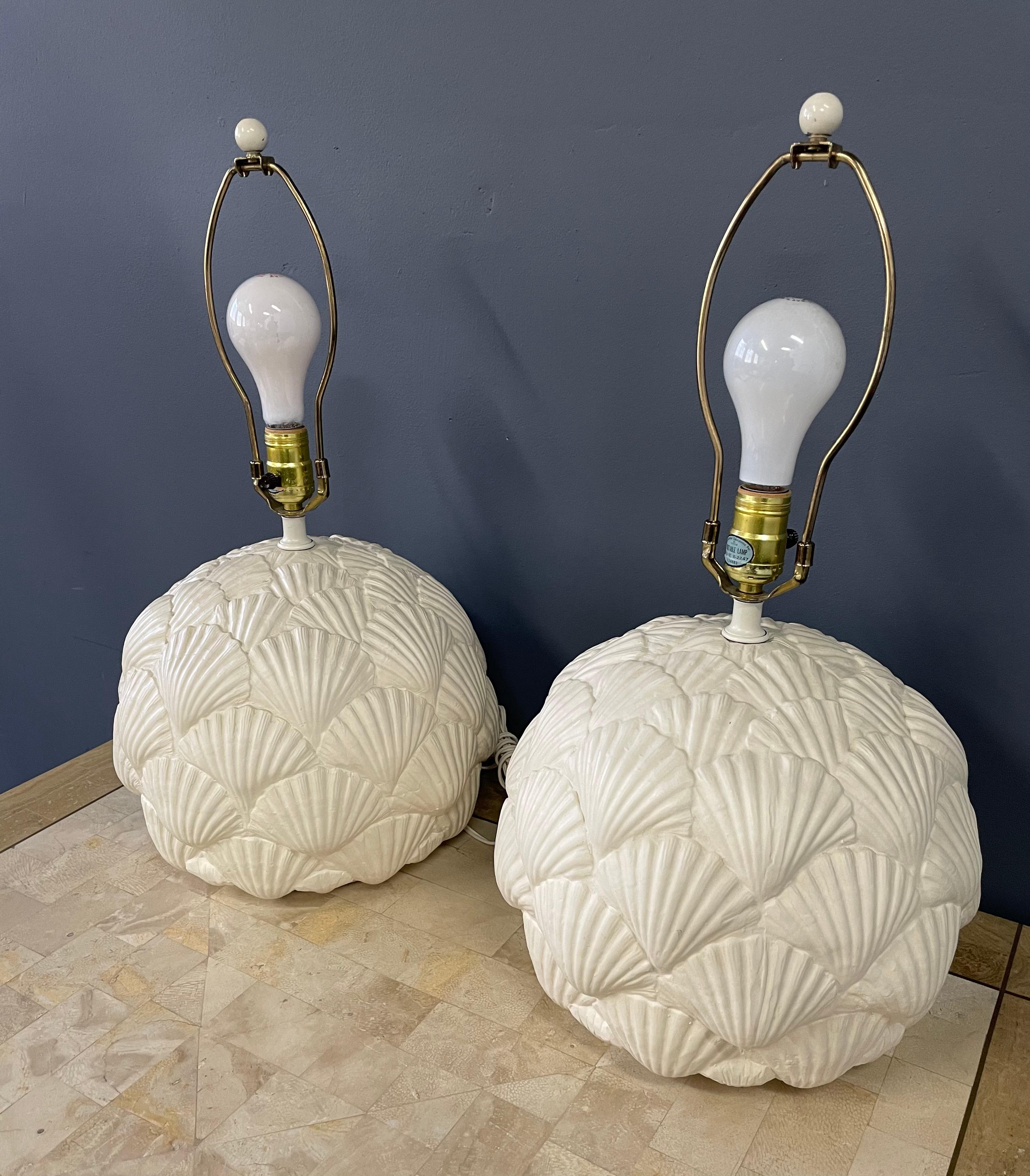 20th Century Italian White Ceramic Pair of Table Lamps with a Seashell Motif Mid Century