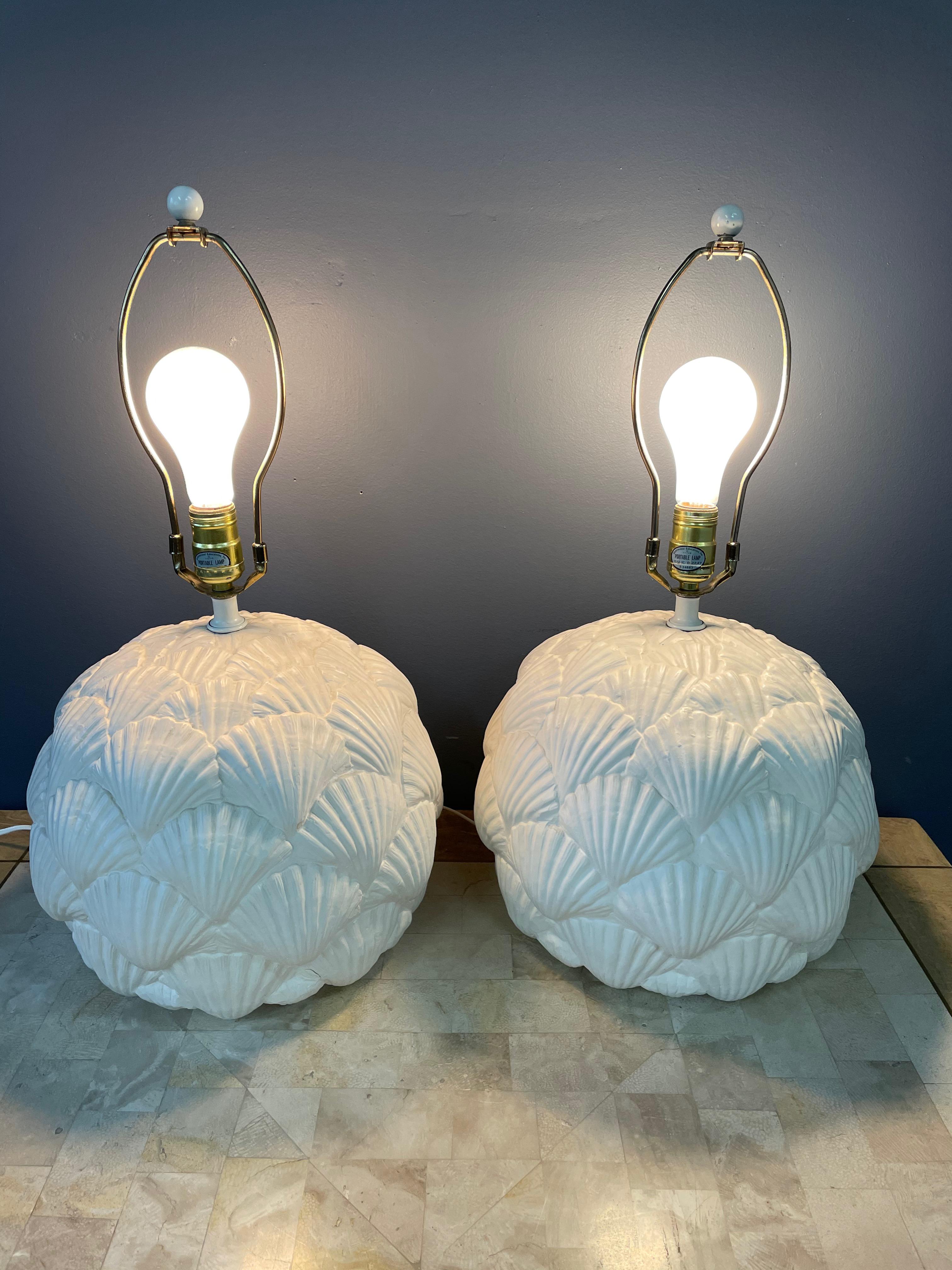 Italian White Ceramic Pair of Table Lamps with a Seashell Motif Mid Century 1