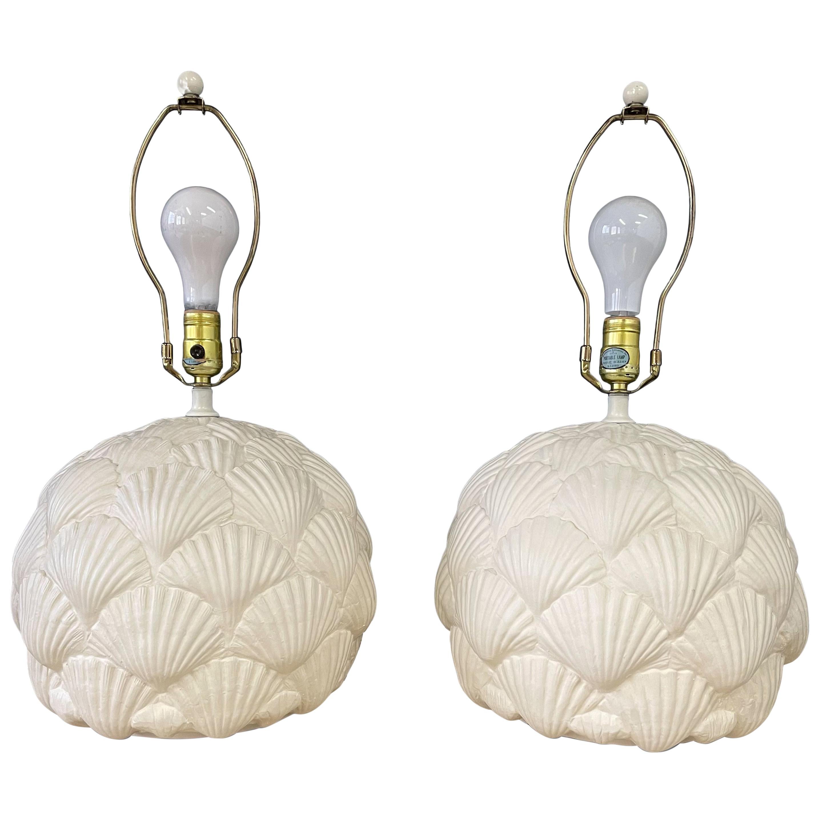 Italian White Ceramic Pair of Table Lamps with a Seashell Motif Mid Century