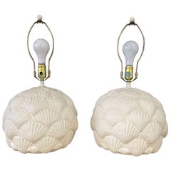 Italian White Ceramic Pair of Table Lamps with a Seashell Motif Mid Century