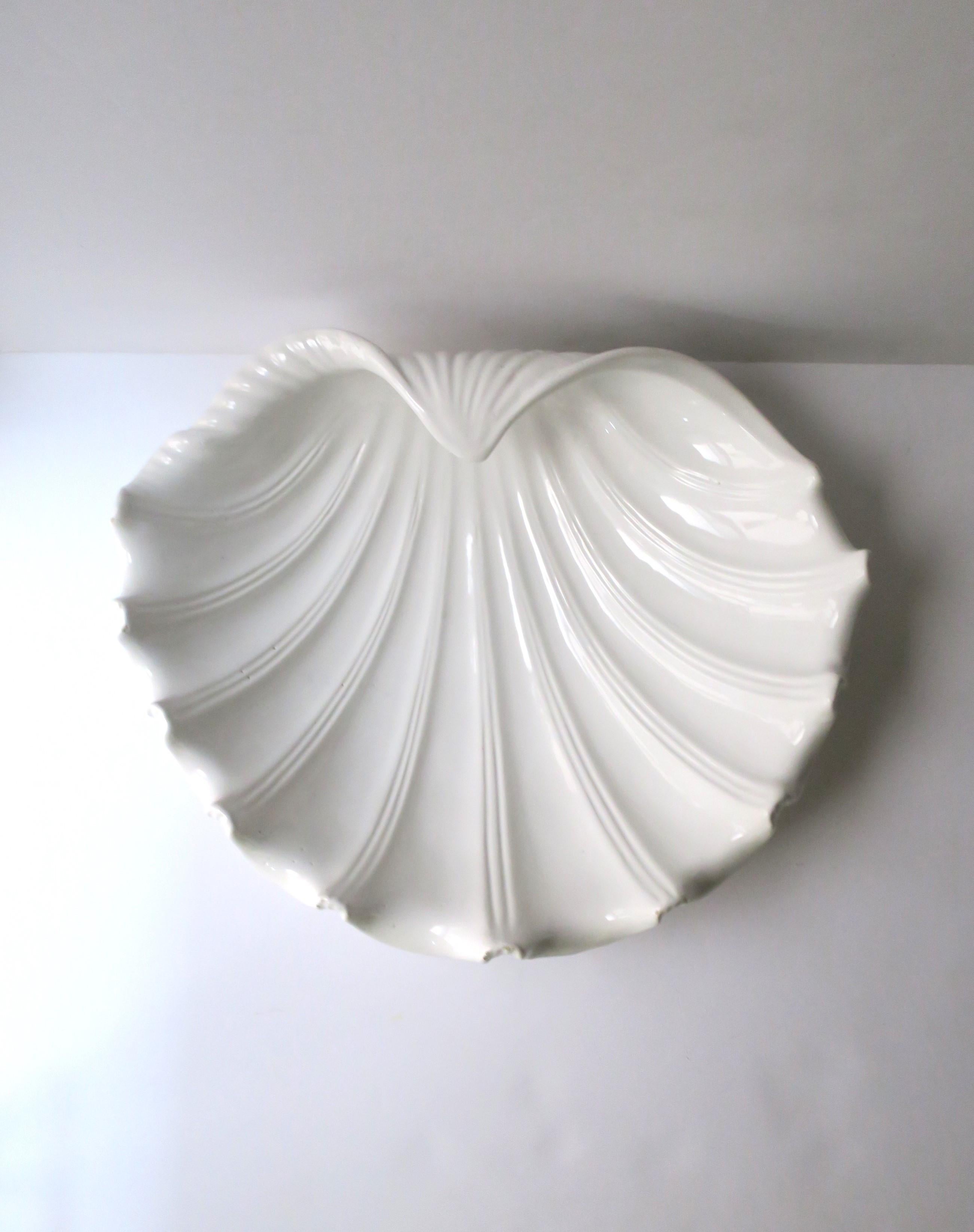 Glazed Italian White Ceramic Seashell Clam Shell Centerpiece Bowl For Sale