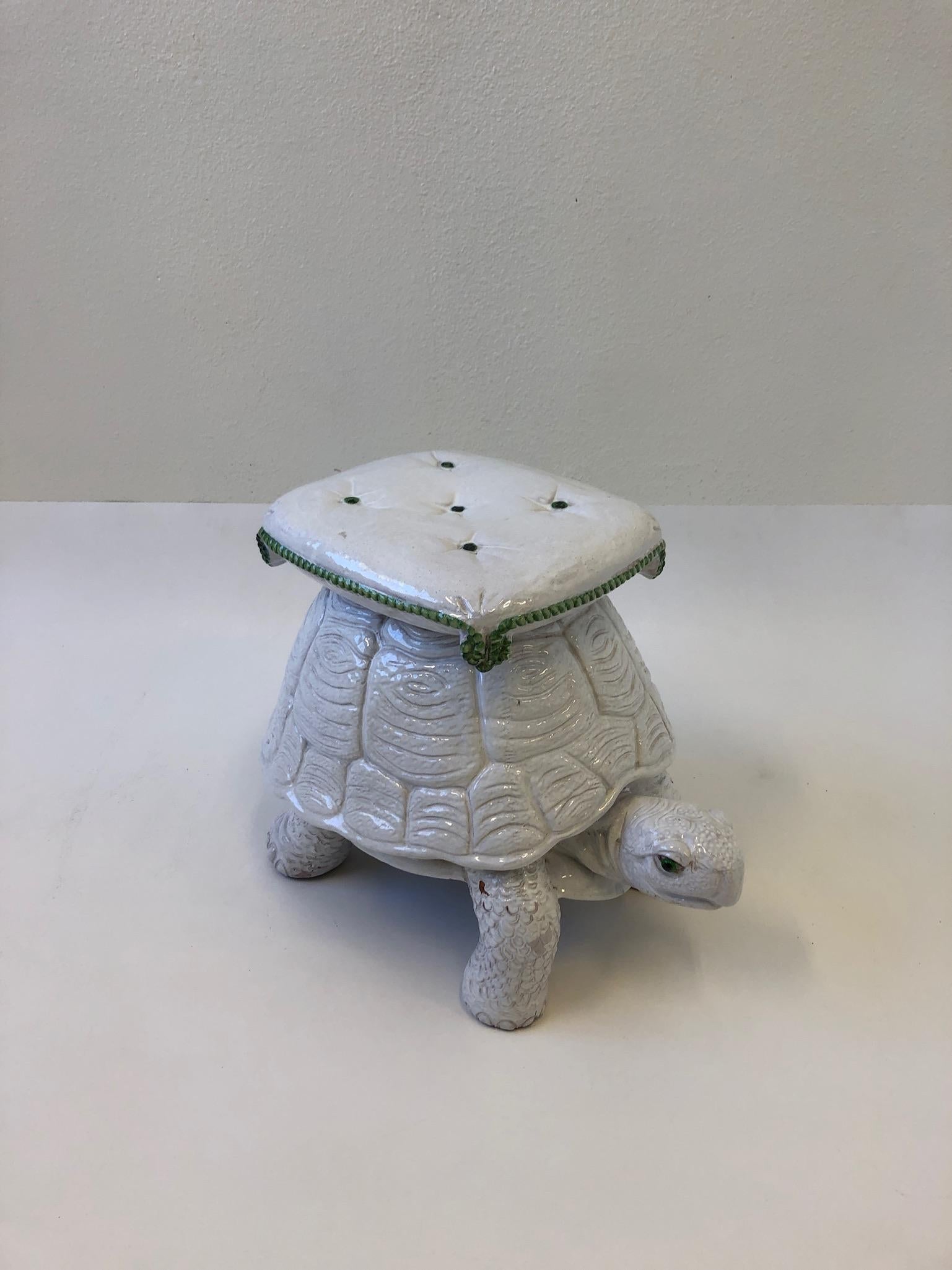 Italian White Ceramic Tortoise Garden Stool 1
