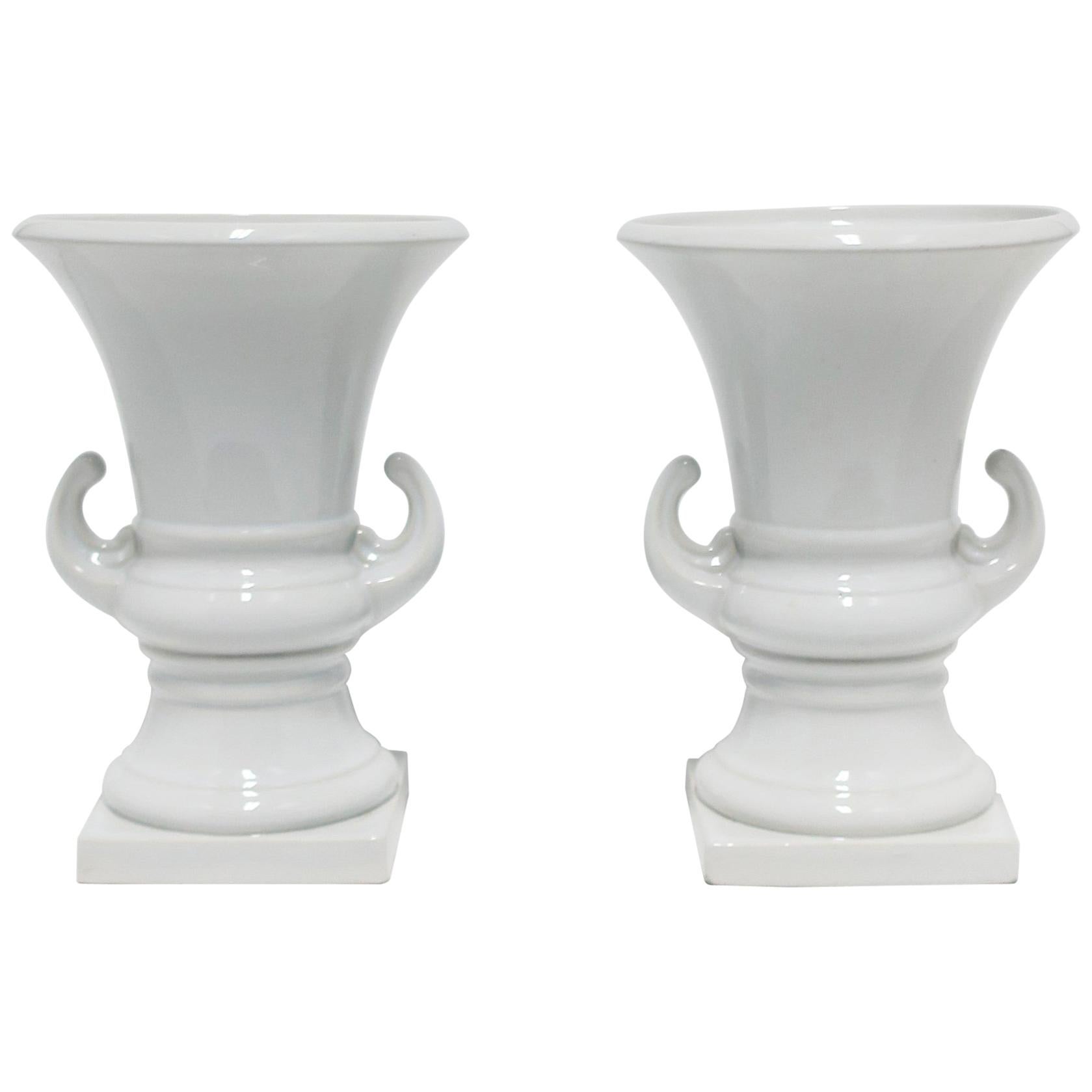 Italian White Ceramic Urns Neoclassical Style, Pair