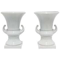 Vintage Italian White Ceramic Urns Neoclassical Style, Pair