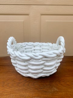 Italian White Ceramic Woven Cachepot Basket