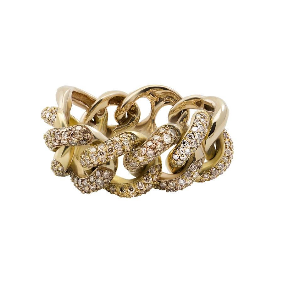 Contemporary Italian White Diamond 18 Karat Gold Interlocking Link Curb Chain Cocktail Ring For Sale