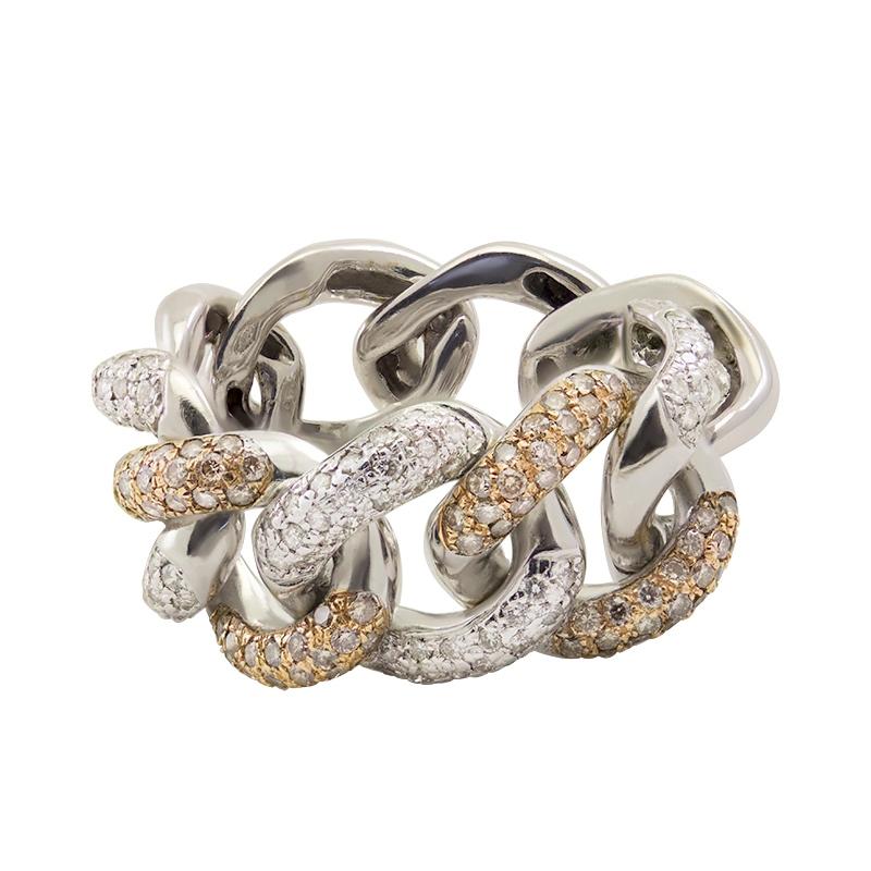 Round Cut Italian White Diamond 18 Karat Gold Interlocking Link Curb Chain Cocktail Ring For Sale