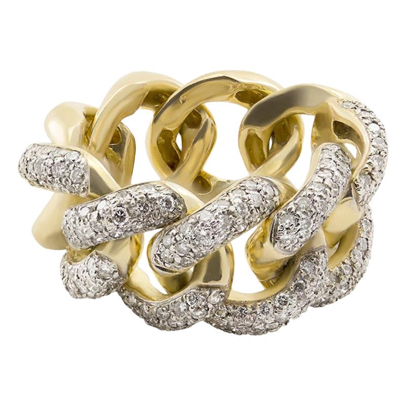 Italian White Diamond 18 Karat Yellow Gold Interlocking Curb Chain Cocktail Ring For Sale