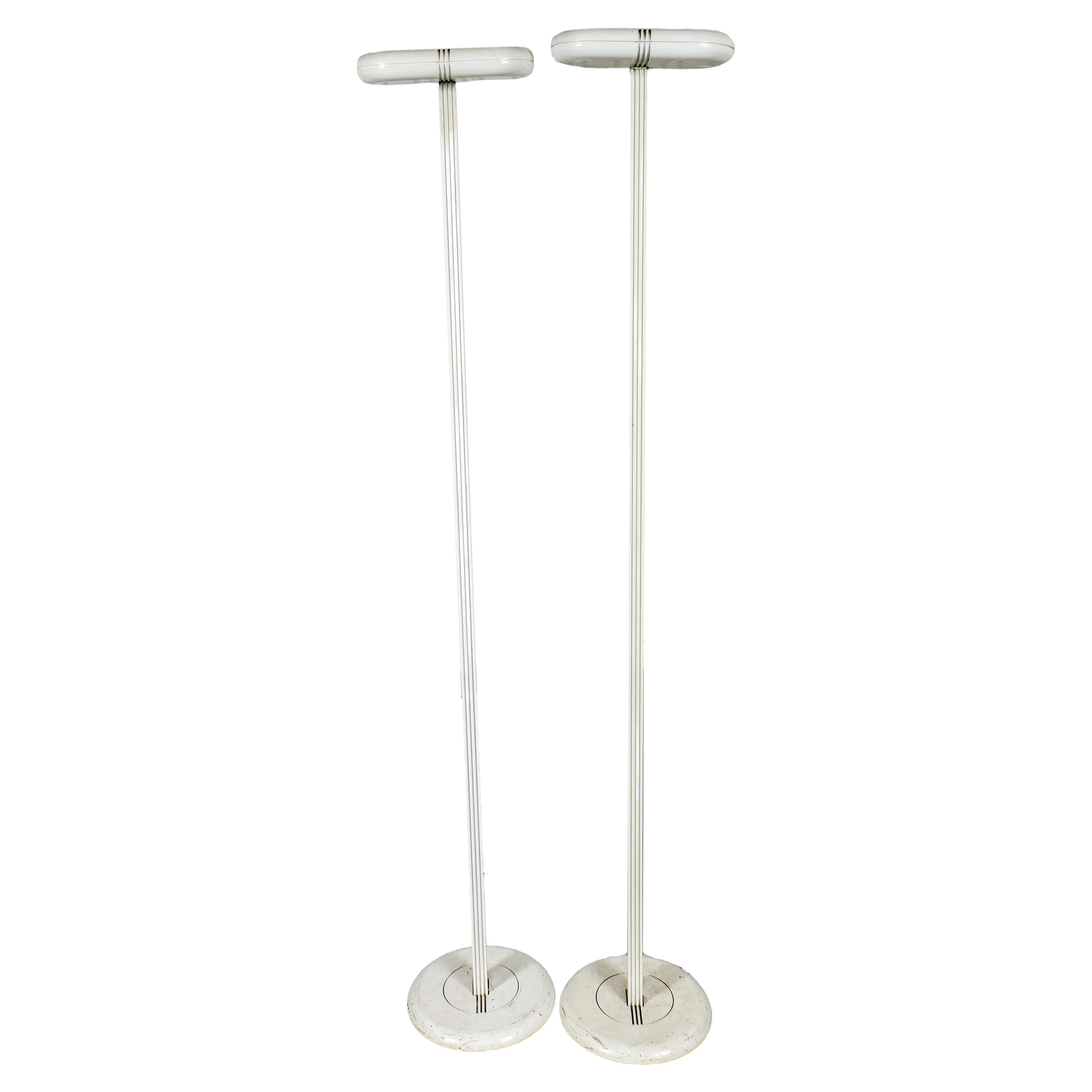 Italian White Enameled Metal Torchere Lamps, Pair For Sale