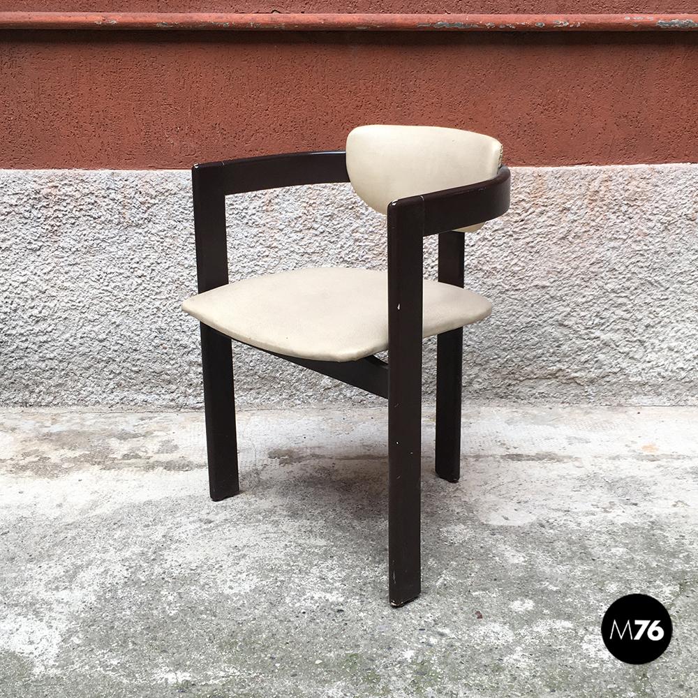 Italian White Faux Leather and Dark Brown Wood Armrests Chairs, 1970s In Good Condition In MIlano, IT