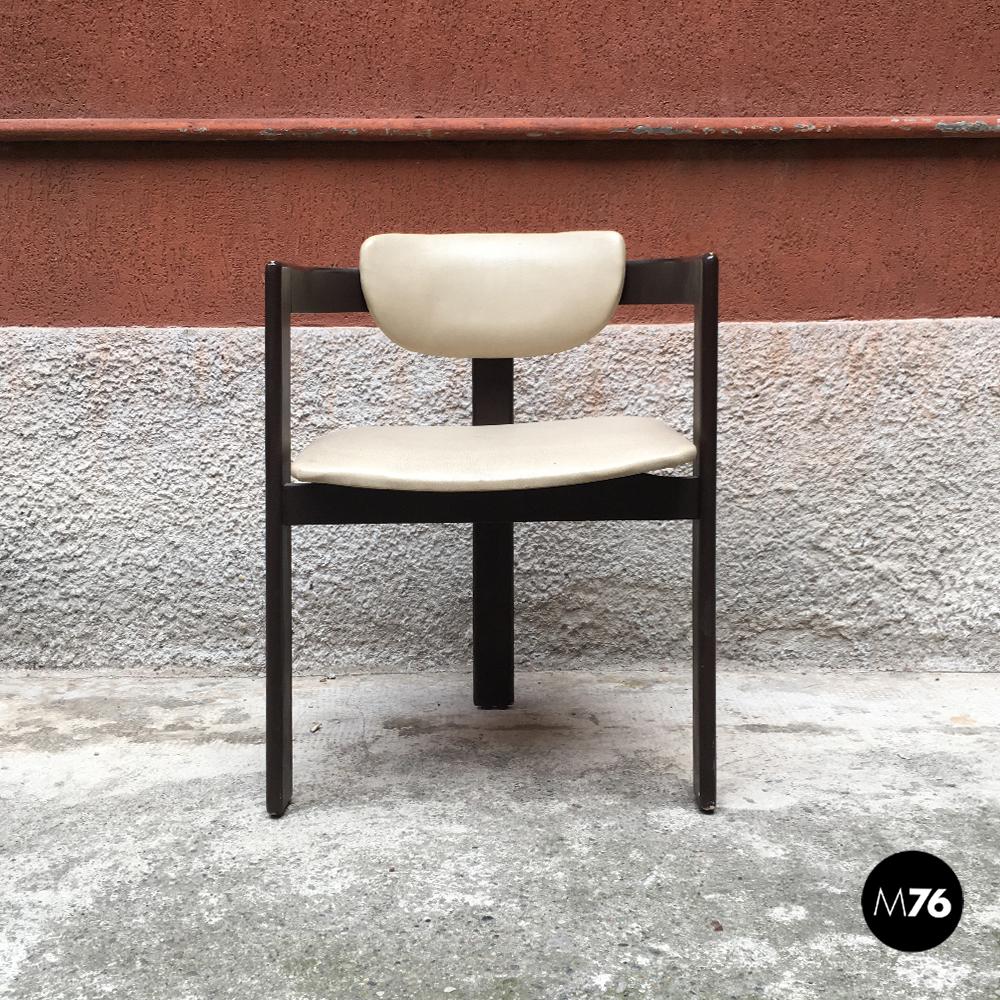 Late 20th Century Italian White Faux Leather and Dark Brown Wood Armrests Chairs, 1970s