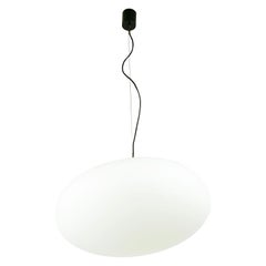 Italian White Glass, Brass, and Black Metal Pendant Lamp Attributed to Stilnovo