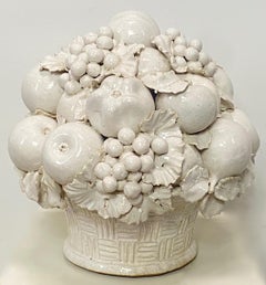 Italian White Glazed Ceramic Fruit Basket Life Size Sculpture, Artist Signed