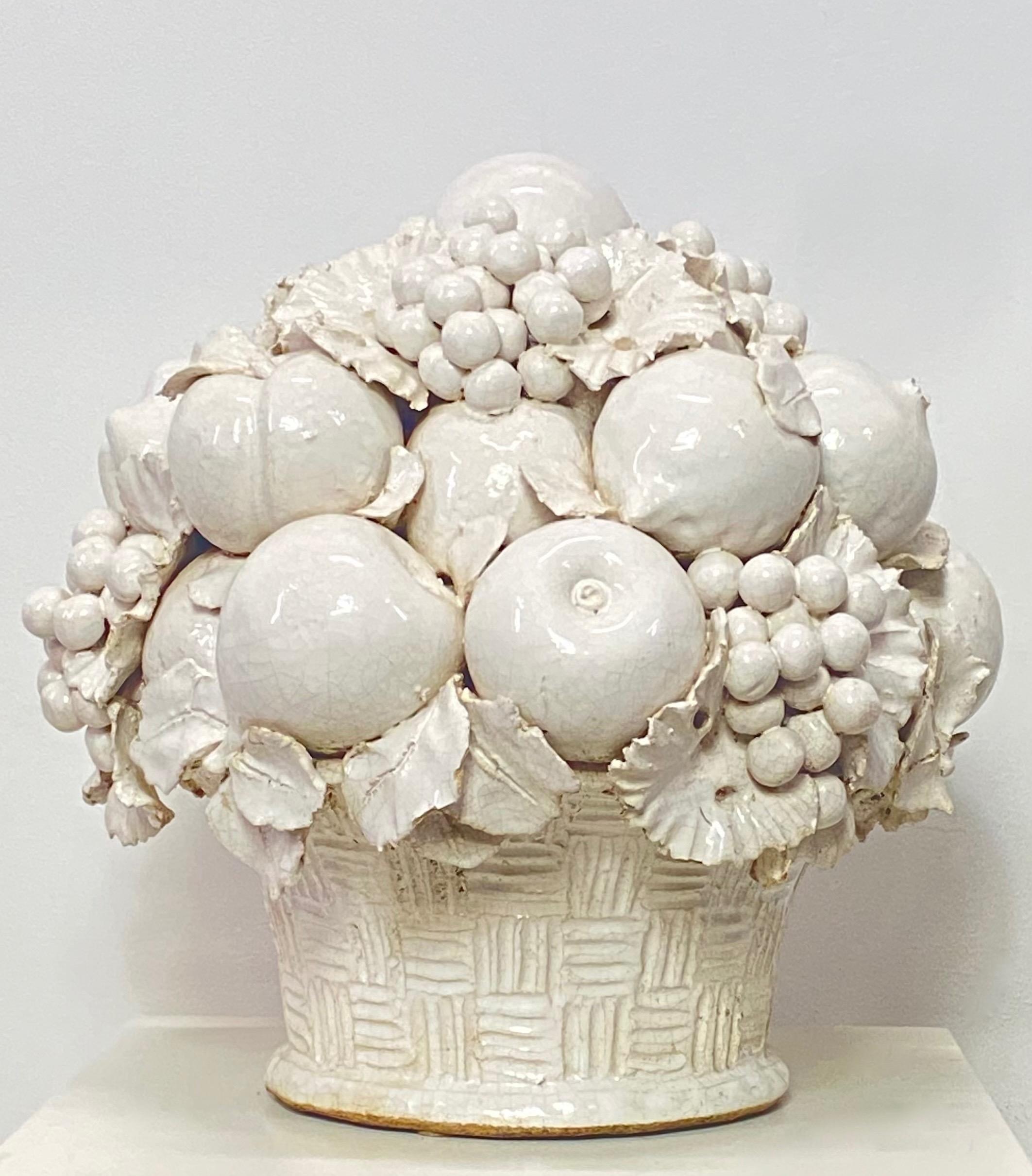 Other Italian White Glazed Ceramic Fruit Basket Life Size Sculpture, Artist Signed