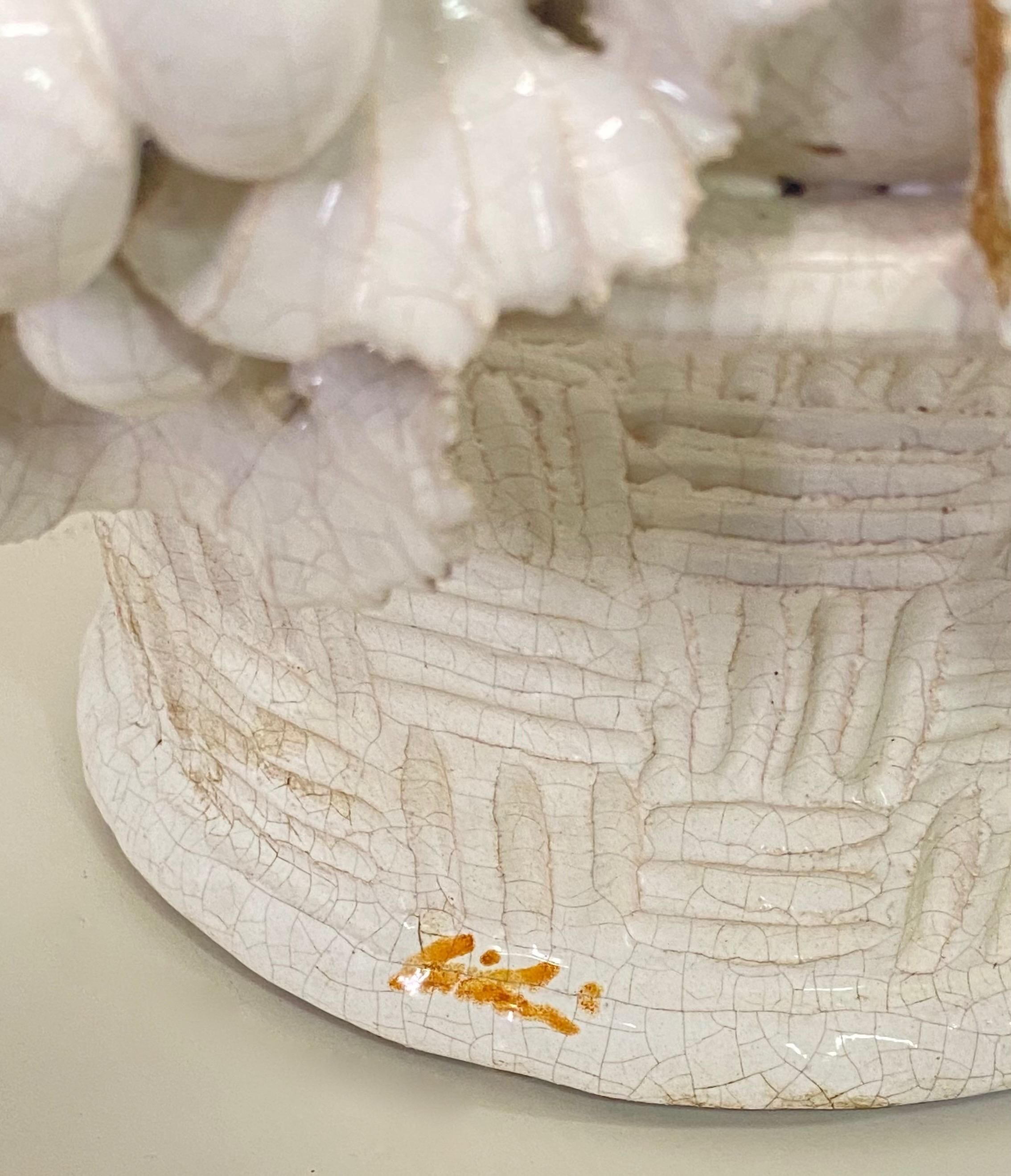 20th Century Italian White Glazed Ceramic Fruit Basket Life Size Sculpture, Artist Signed