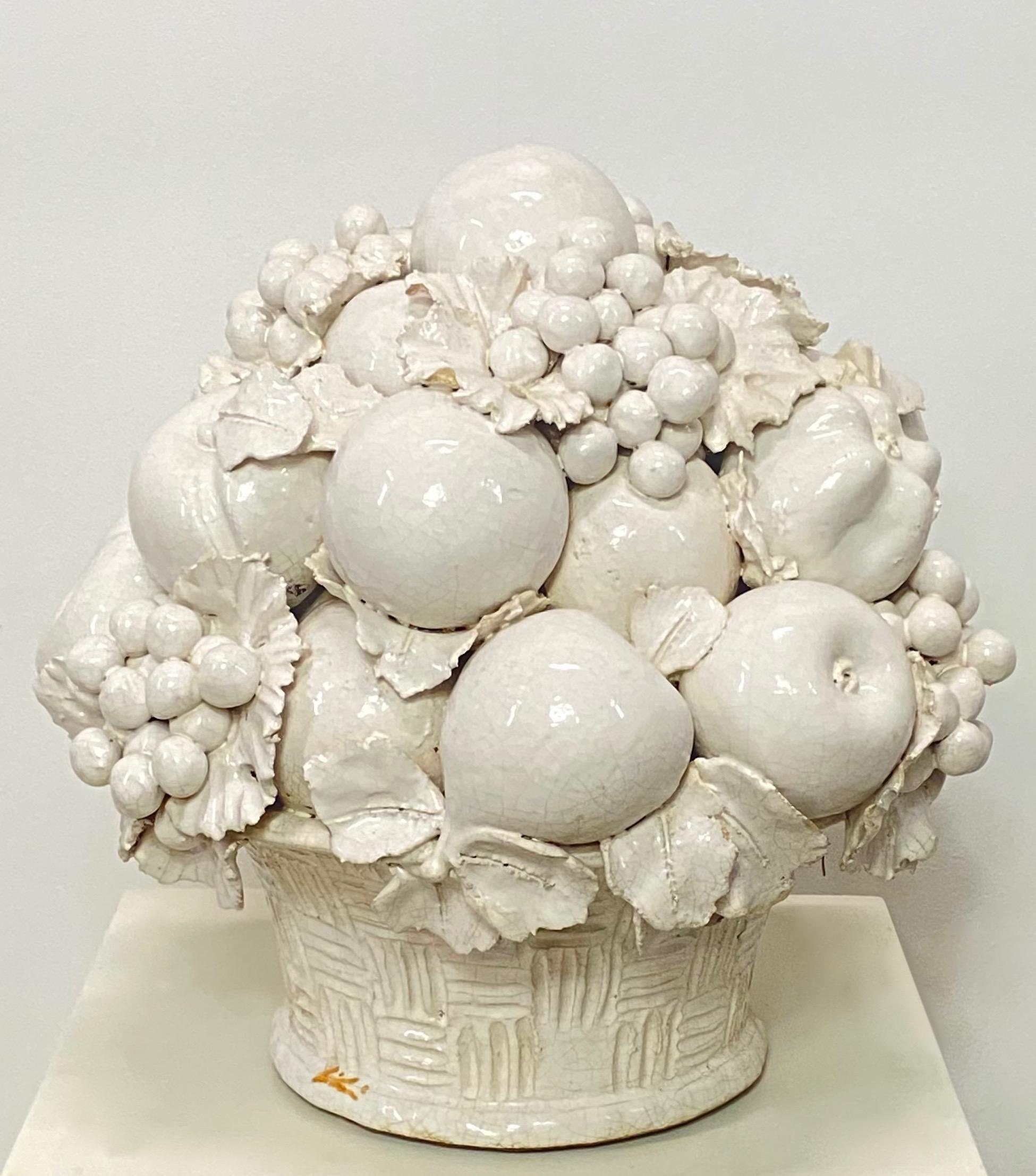 Terracotta Italian White Glazed Ceramic Fruit Basket Life Size Sculpture, Artist Signed