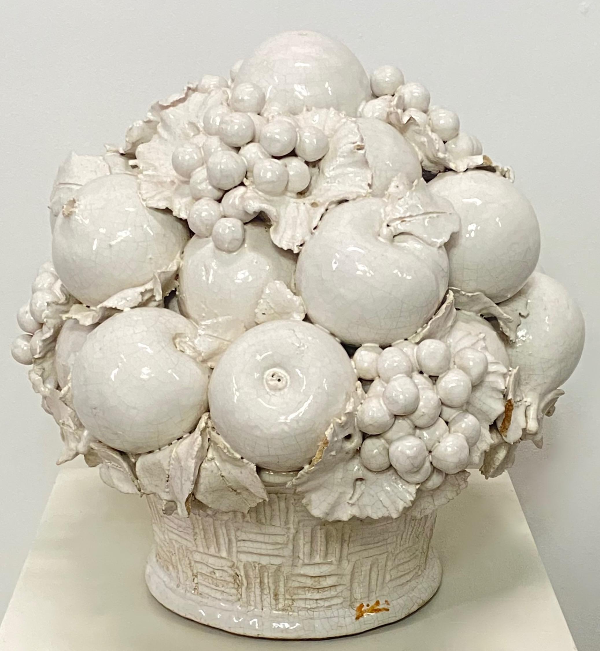 Italian White Glazed Ceramic Fruit Basket Life Size Sculpture, Artist Signed 1
