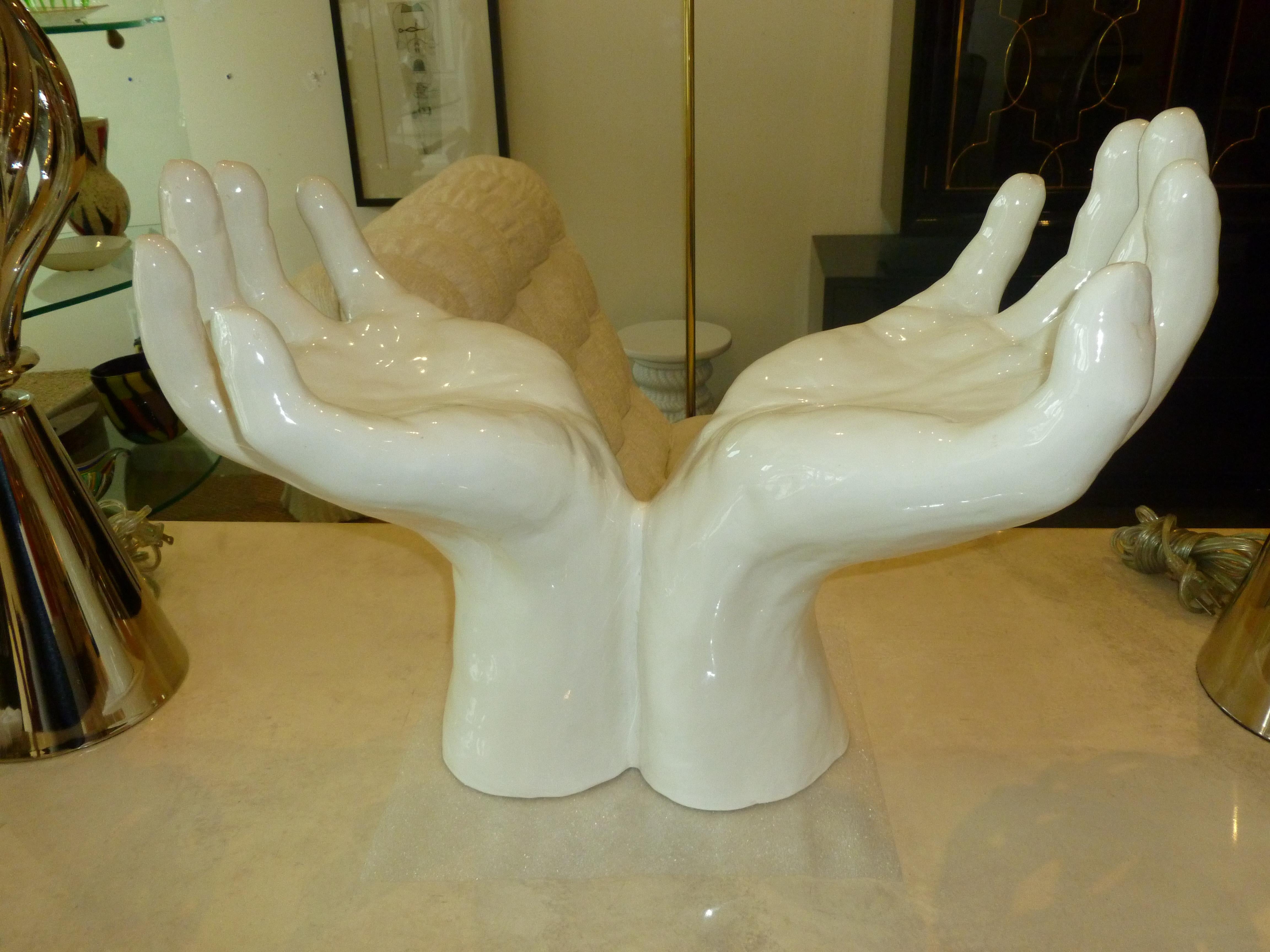 Modern White Glazed Ceramic Hands Sculpture Italian Vintage