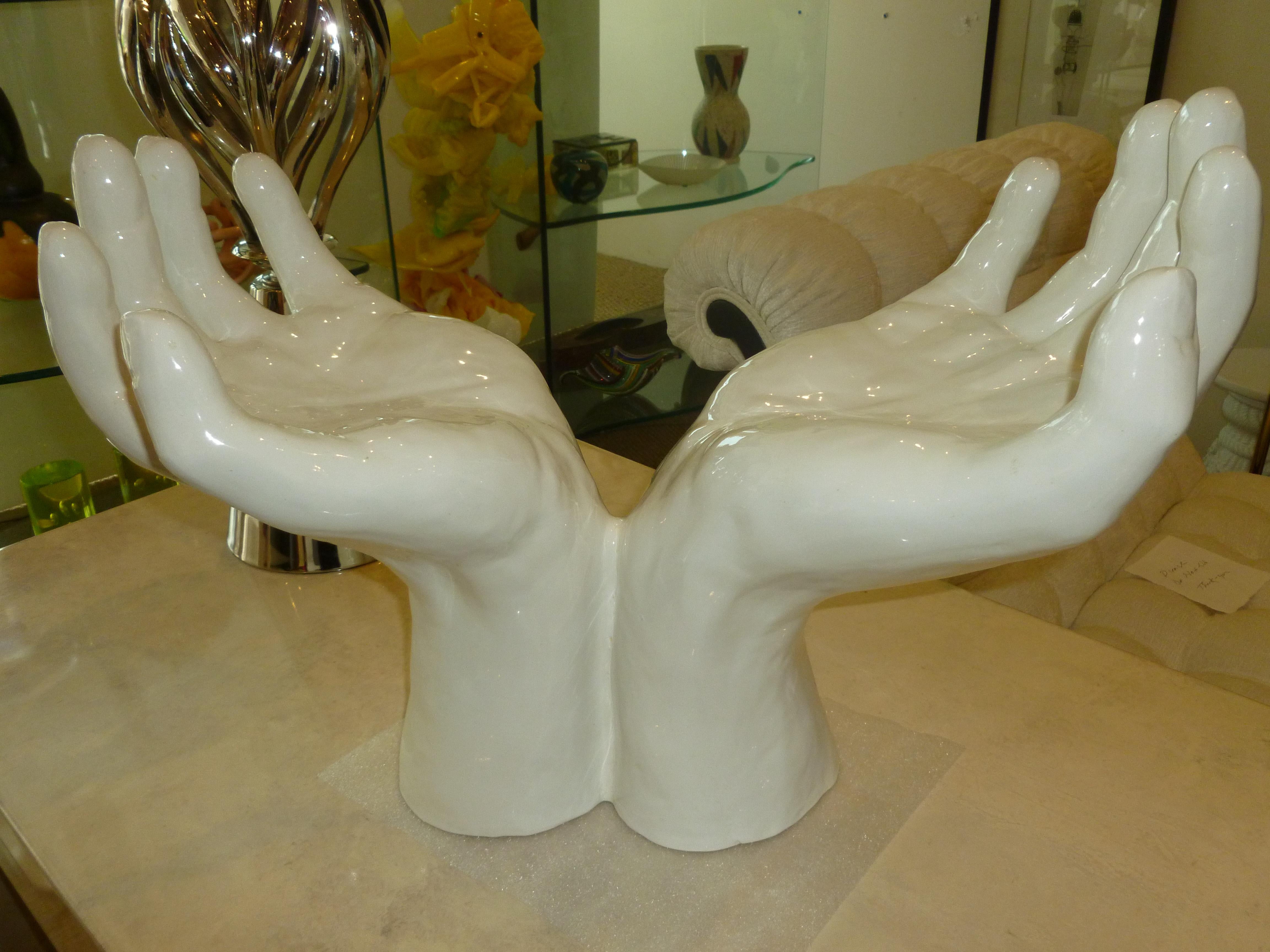 White Glazed Ceramic Hands Sculpture Italian Vintage In Good Condition In North Miami, FL