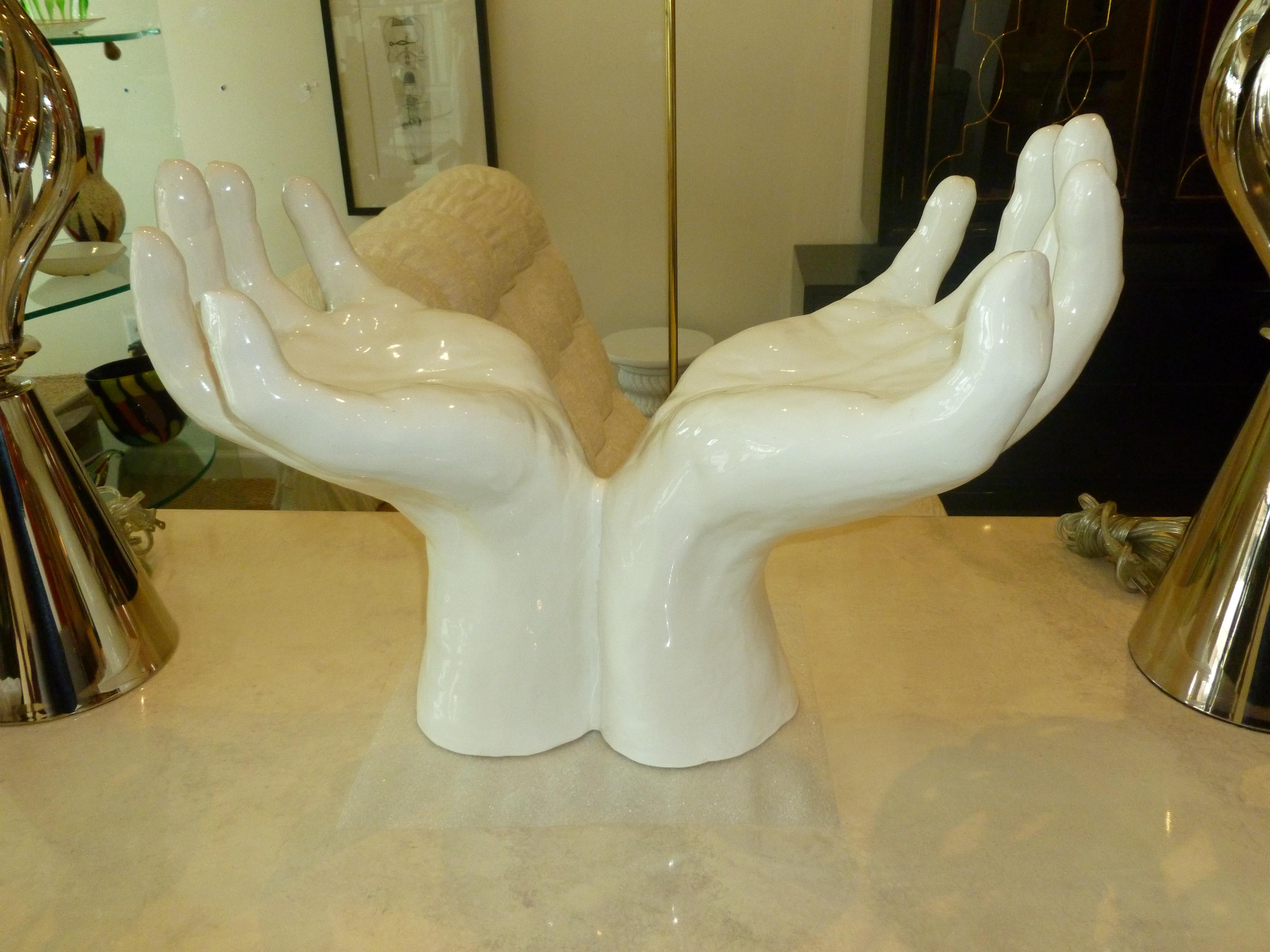 Late 20th Century White Glazed Ceramic Hands Sculpture Italian Vintage