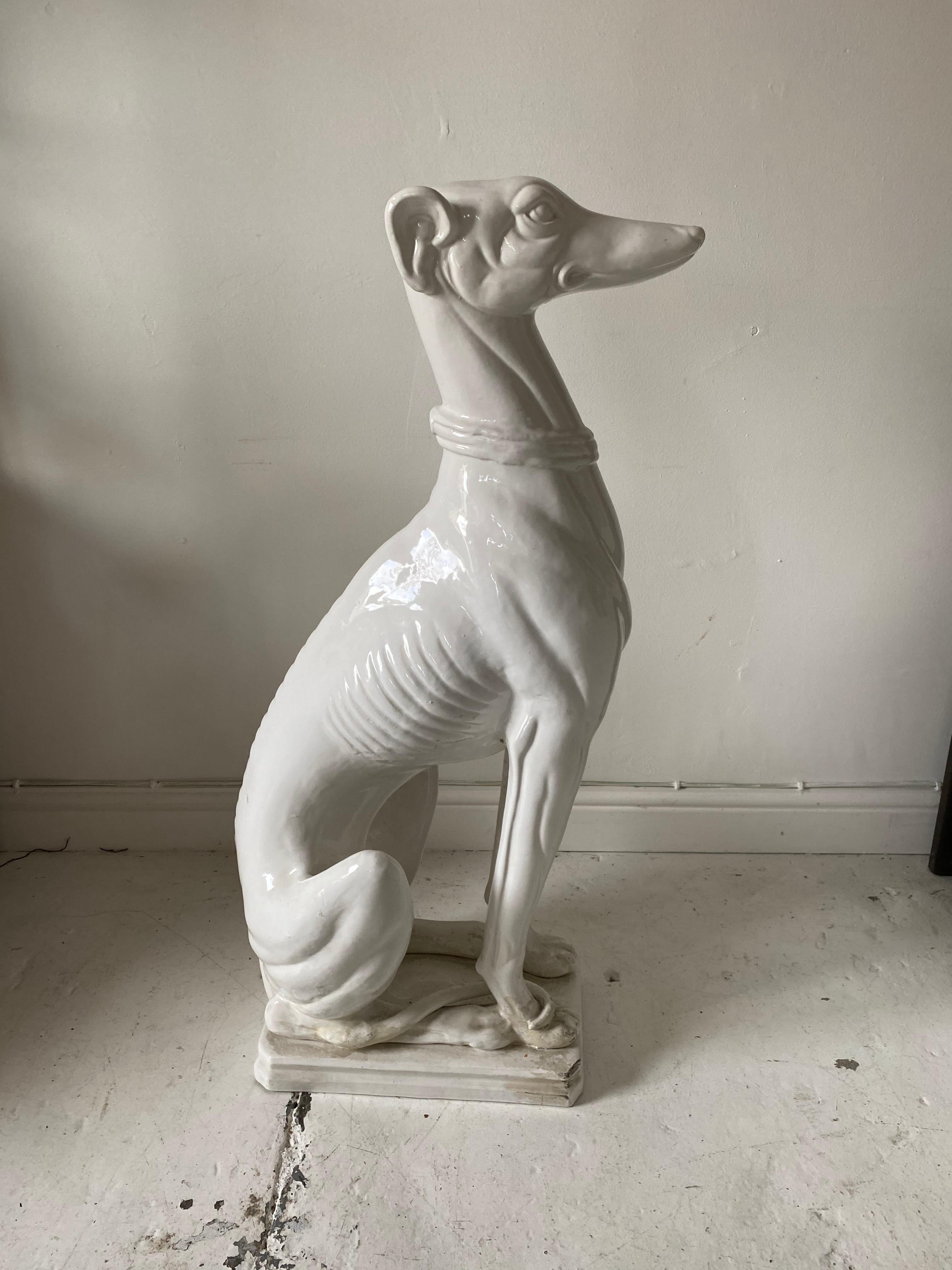 Italian White Glazed Life-Size Seated Greyhound Dog In Good Condition In Somerton, GB