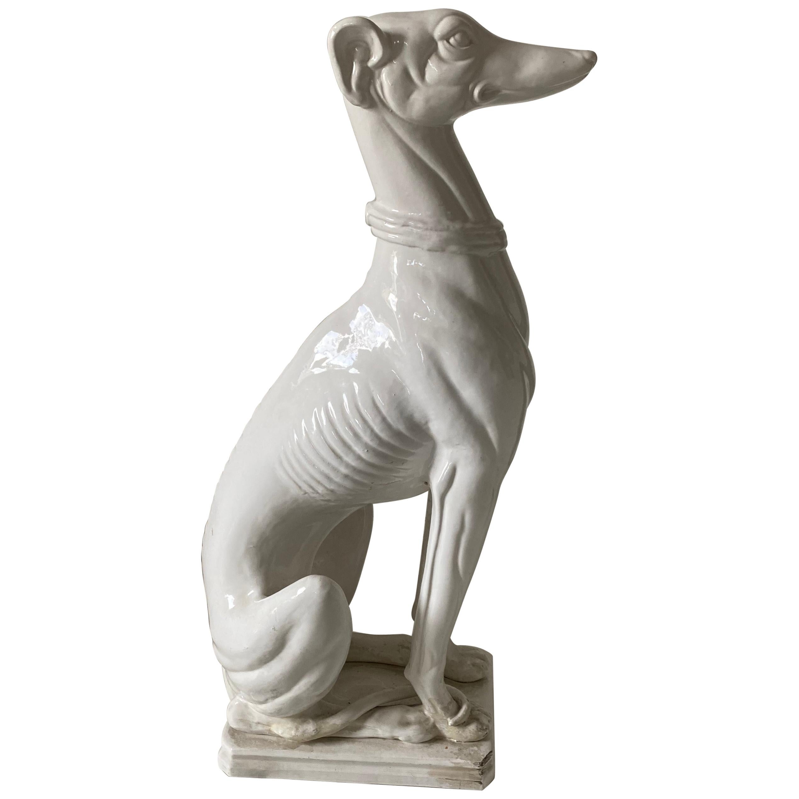 Italian White Glazed Life-Size Seated Greyhound Dog