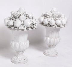 Italian White Glazed Terracotta Garden Urns Hollywood Regency Mid Century 22hx14