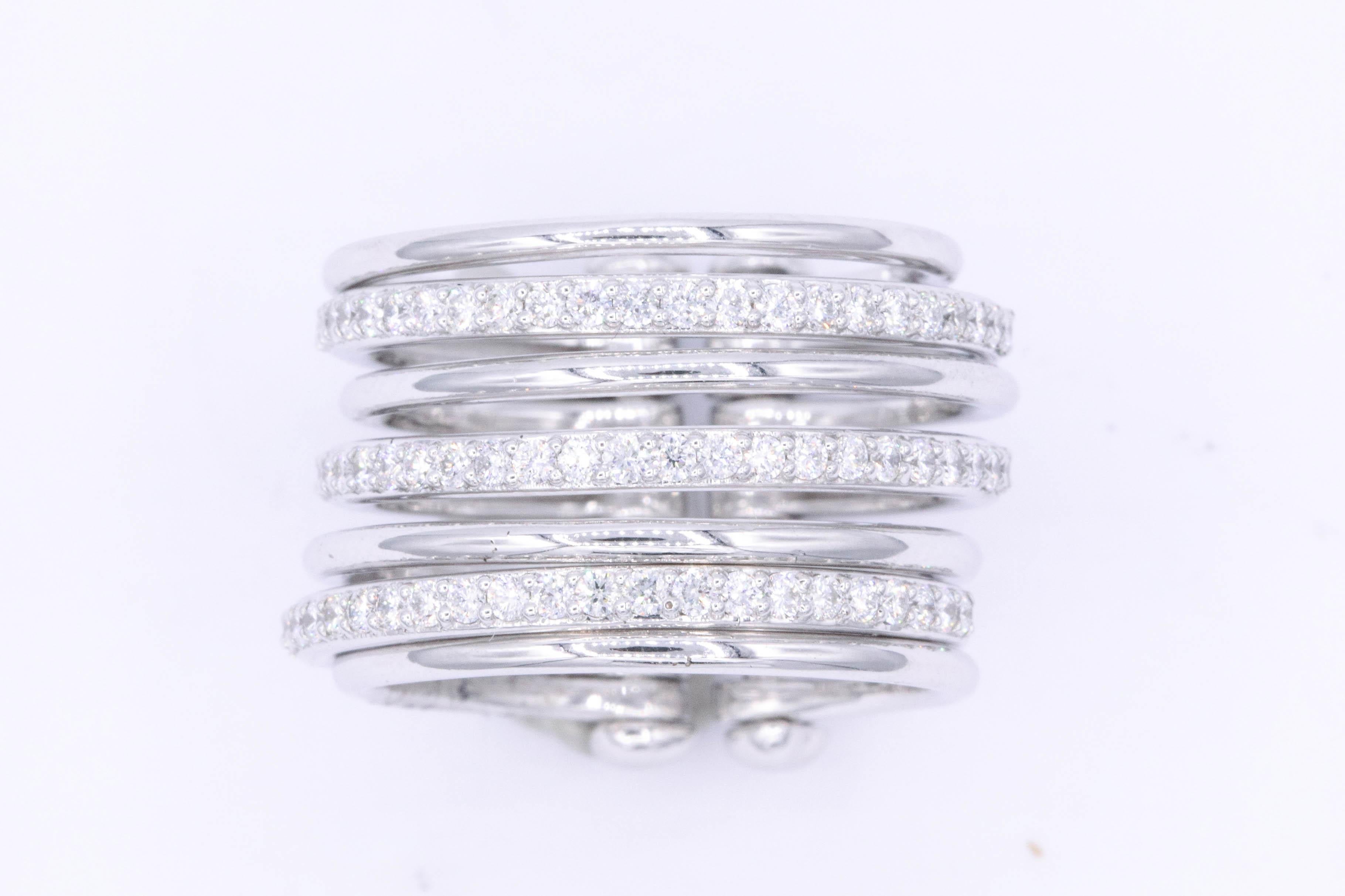 Round Cut Italian White Gold and Diamond Multilayer Flexible Band Ring