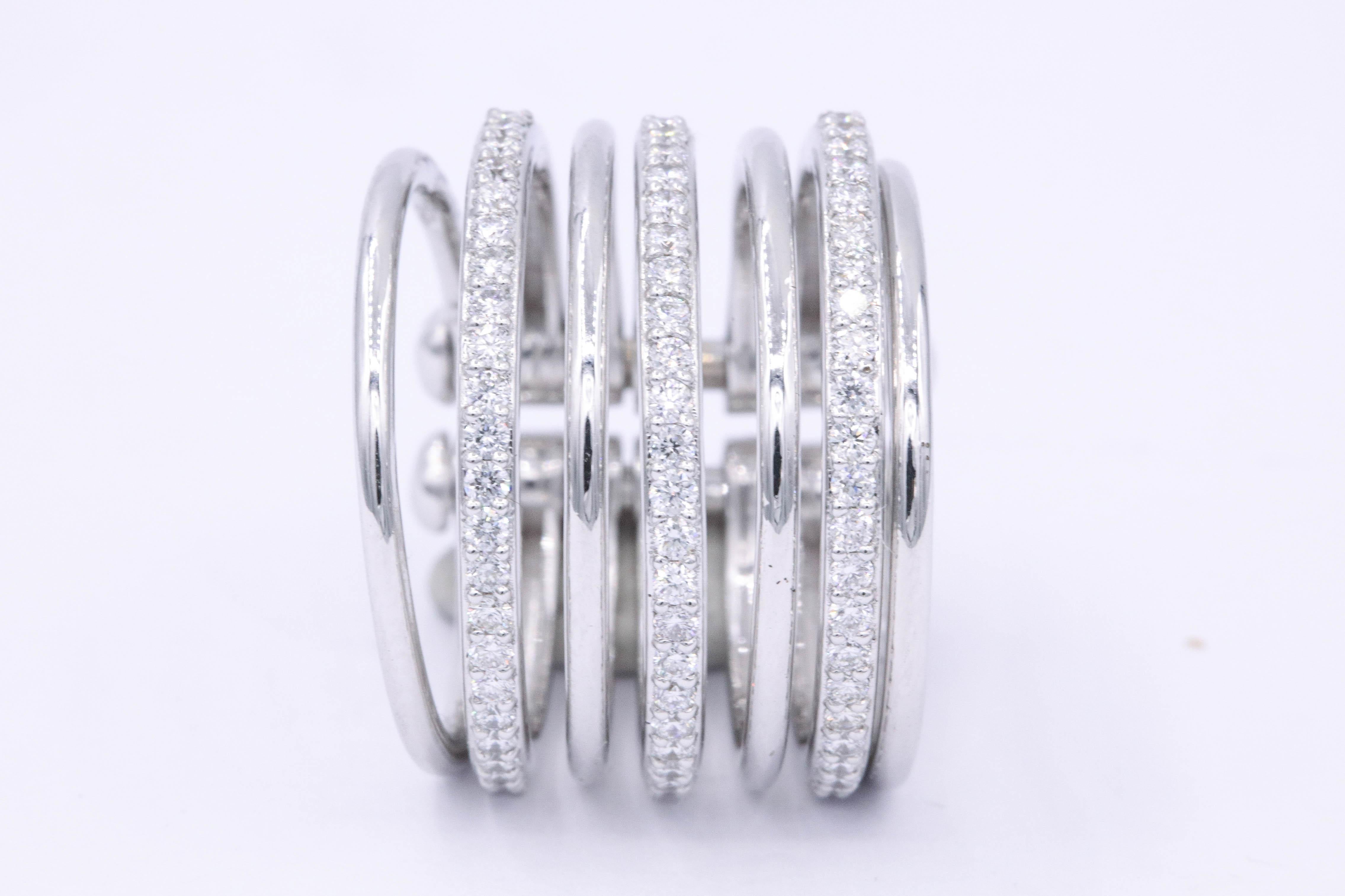 Women's or Men's Italian White Gold and Diamond Multilayer Flexible Band Ring