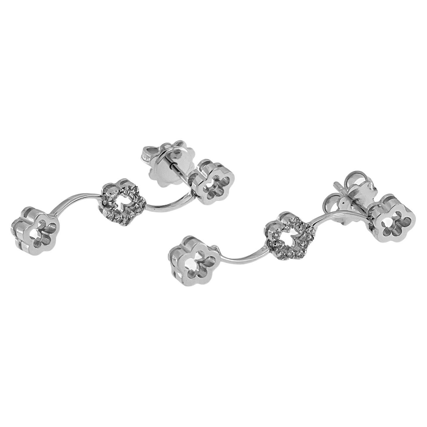 Italian White Gold Dangle Earrings Flower Design with Diamonds