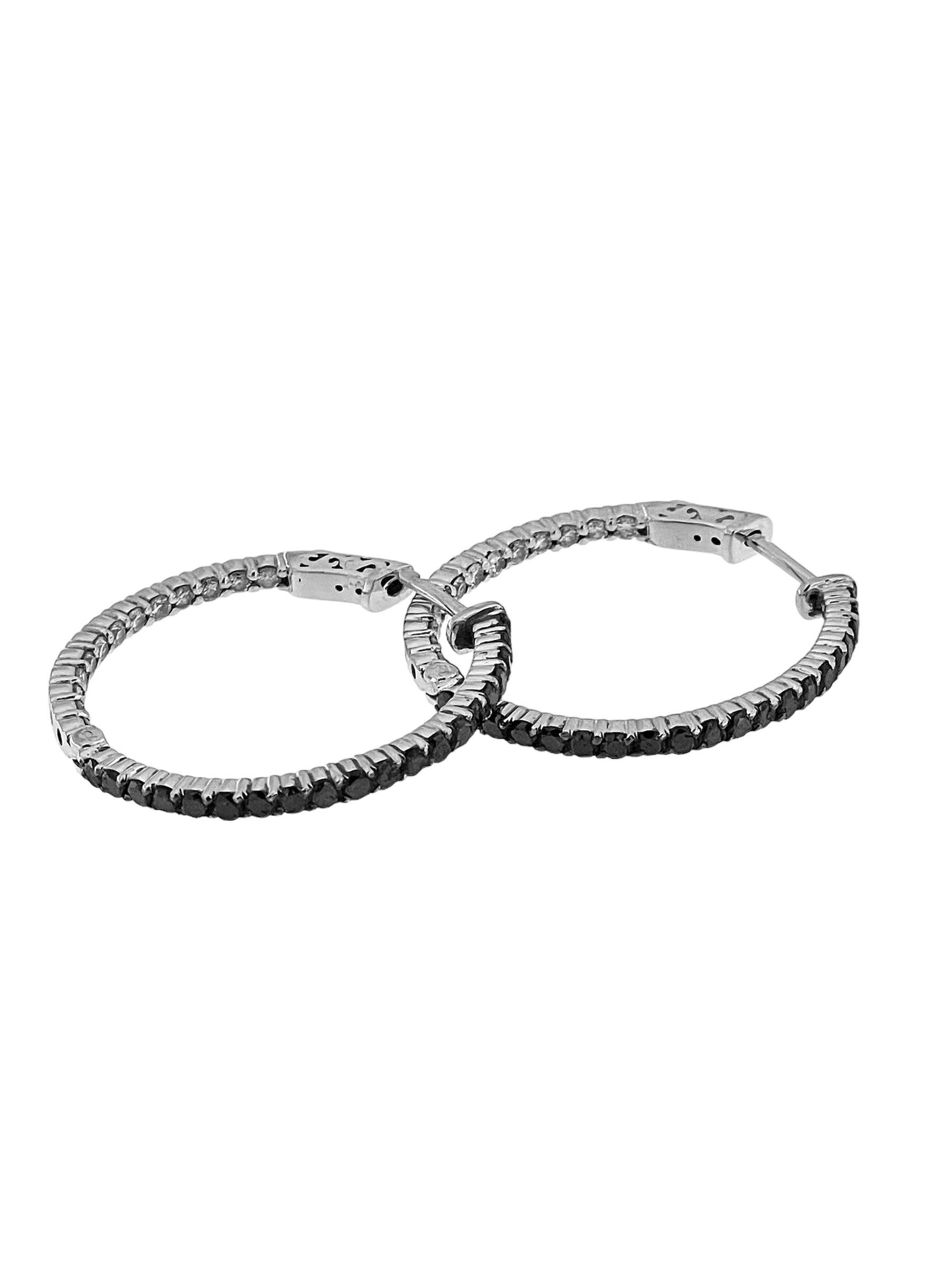 Modern Italian White Gold Hoop Earrings with Black and White Diamonds For Sale