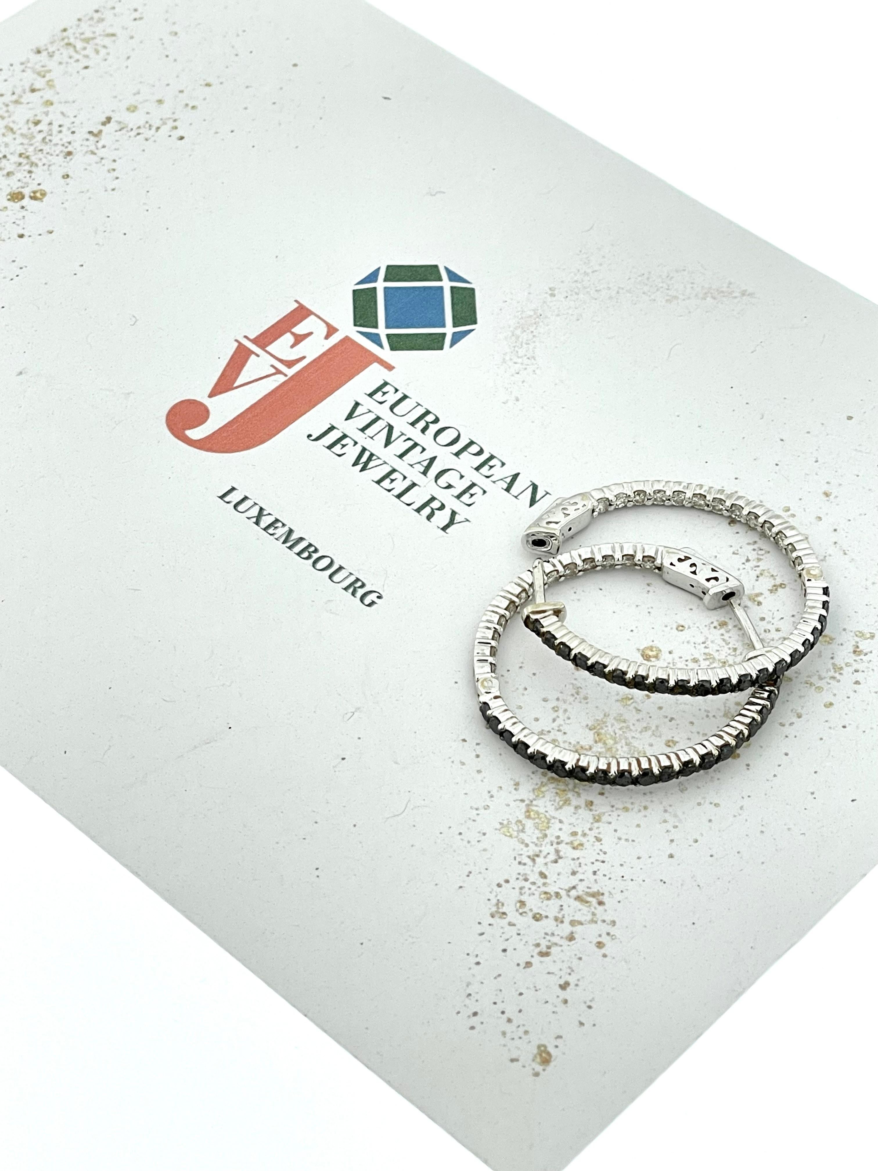 Women's or Men's Italian White Gold Hoop Earrings with Black and White Diamonds For Sale