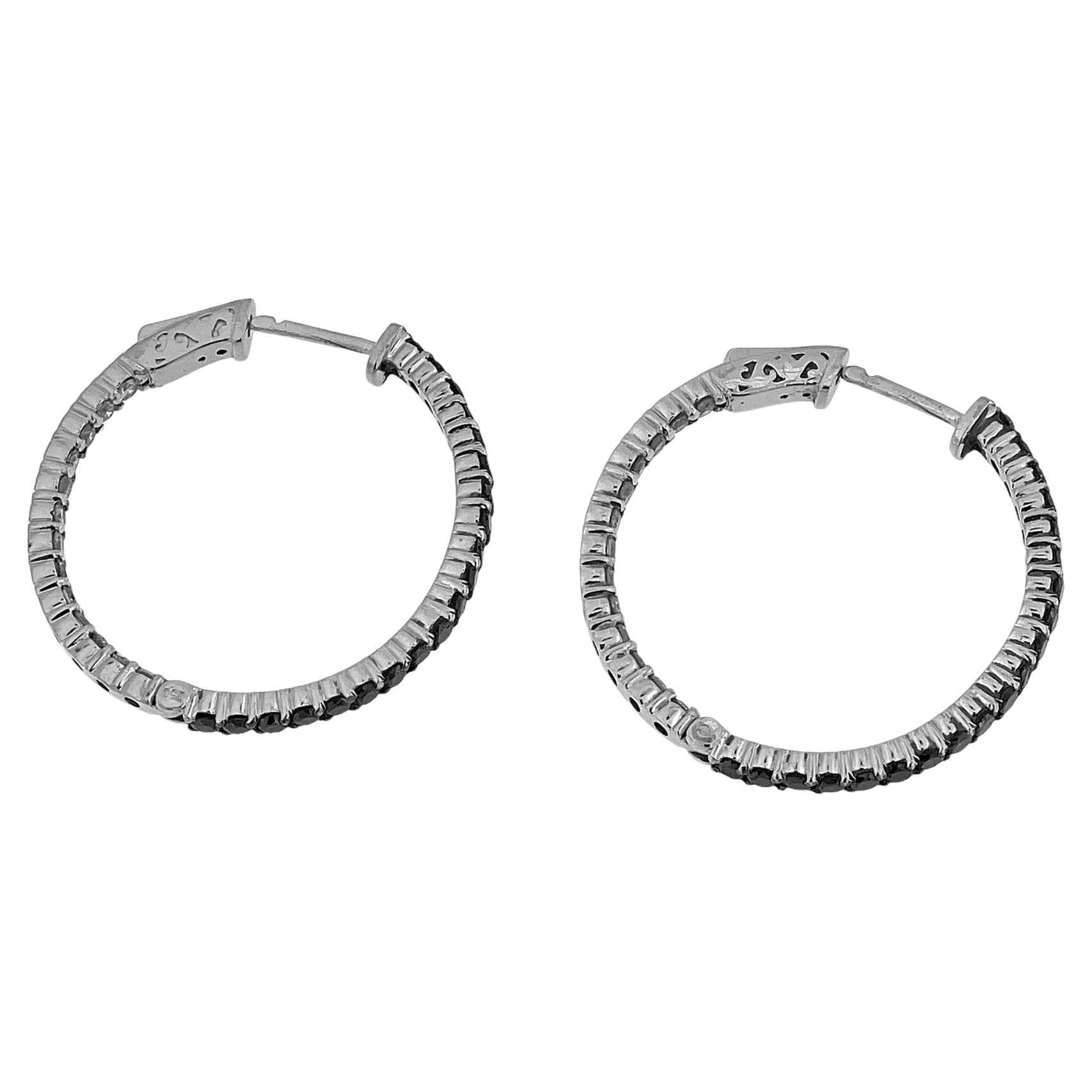 Italian White Gold Hoop Earrings with Black and White Diamonds For Sale