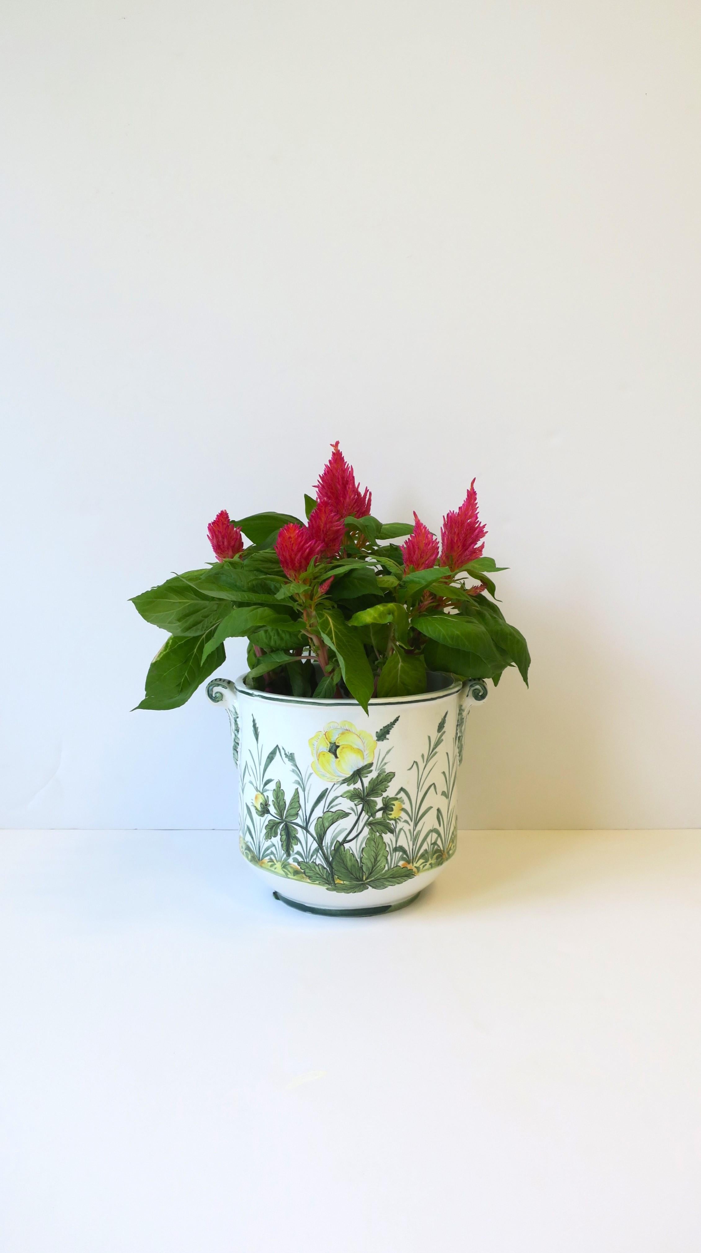 Vernissé Pot à fleurs italien blanc, vert et jaune Cachepot Jardiniere
