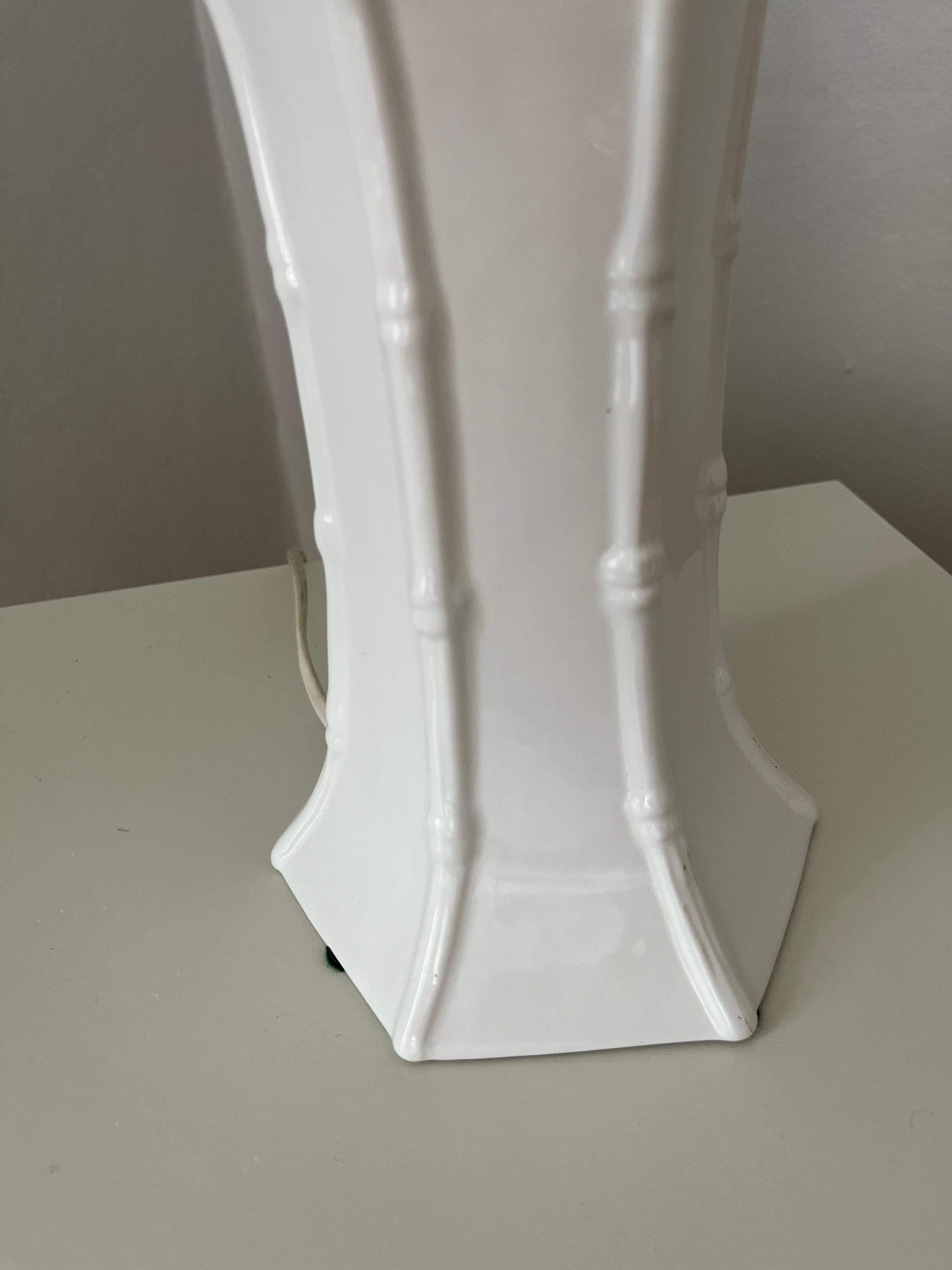 Italian white handmade porcelain table lamp in the shape of bamboo For Sale 1