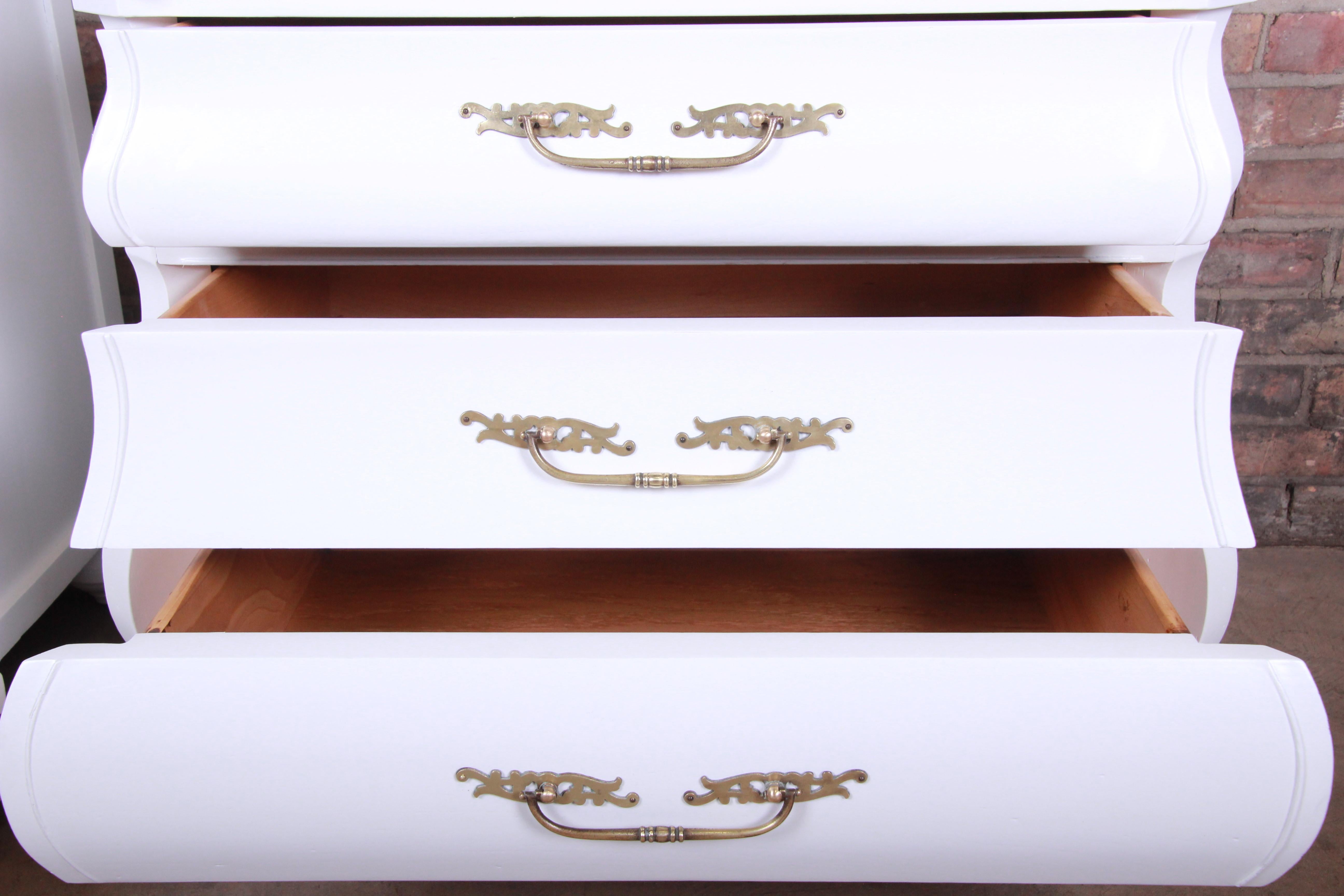 Brass Italian White Lacquered Bombay Bedside Chests, Newly Refinished For Sale