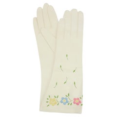 Italian White Leather Gloves With Floral Embroidery, 1950's