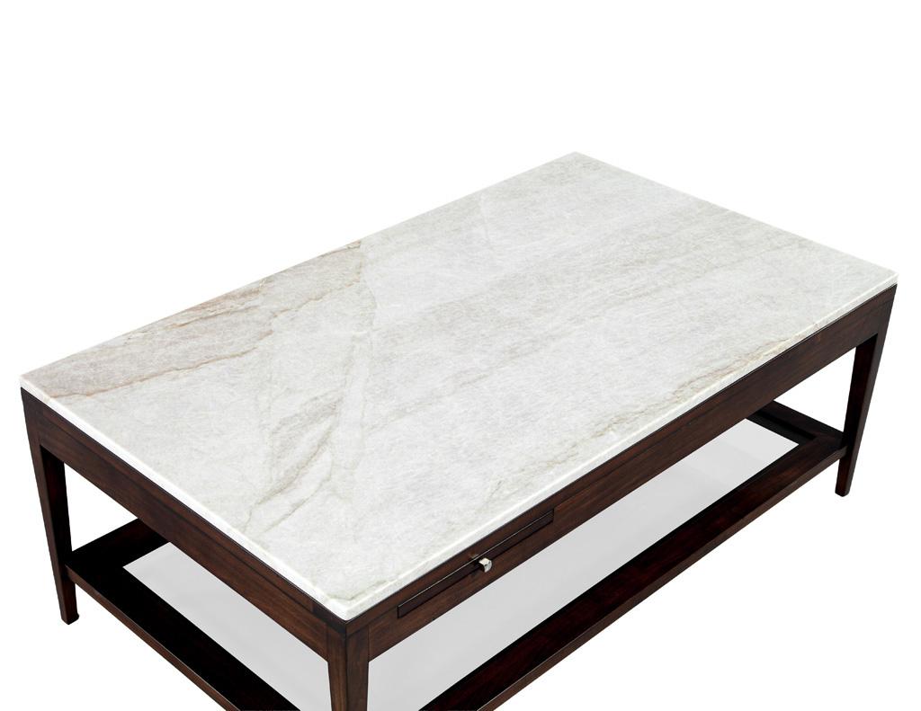American Italian White Marble and Walnut Coffee Table For Sale