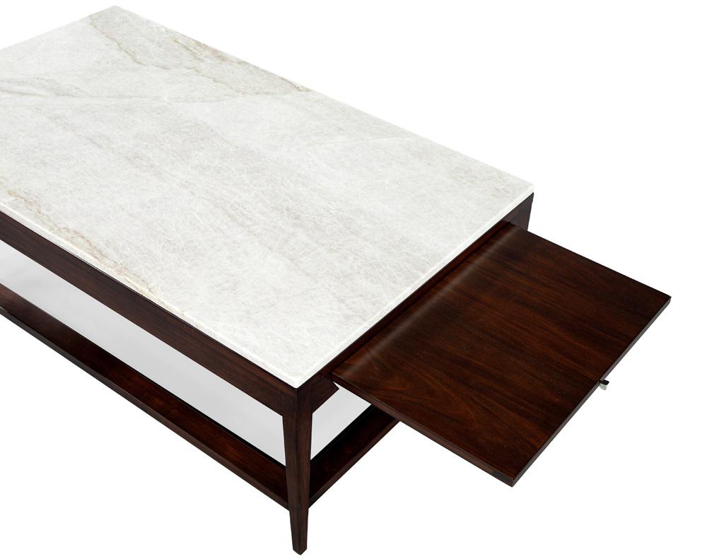 Contemporary Italian White Marble and Walnut Coffee Table For Sale