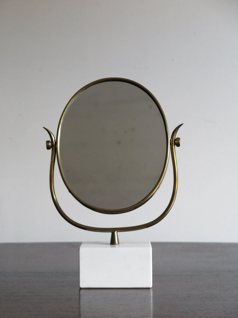 Italian White Marble Brass Table Mirror or Toeletta Mirror, 1950s at