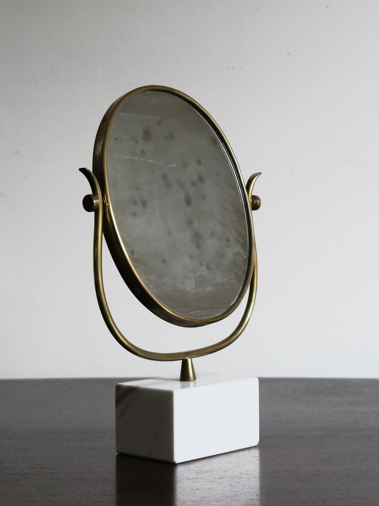 Italian White Marble Brass Table Mirror or Toeletta Mirror, 1950s at